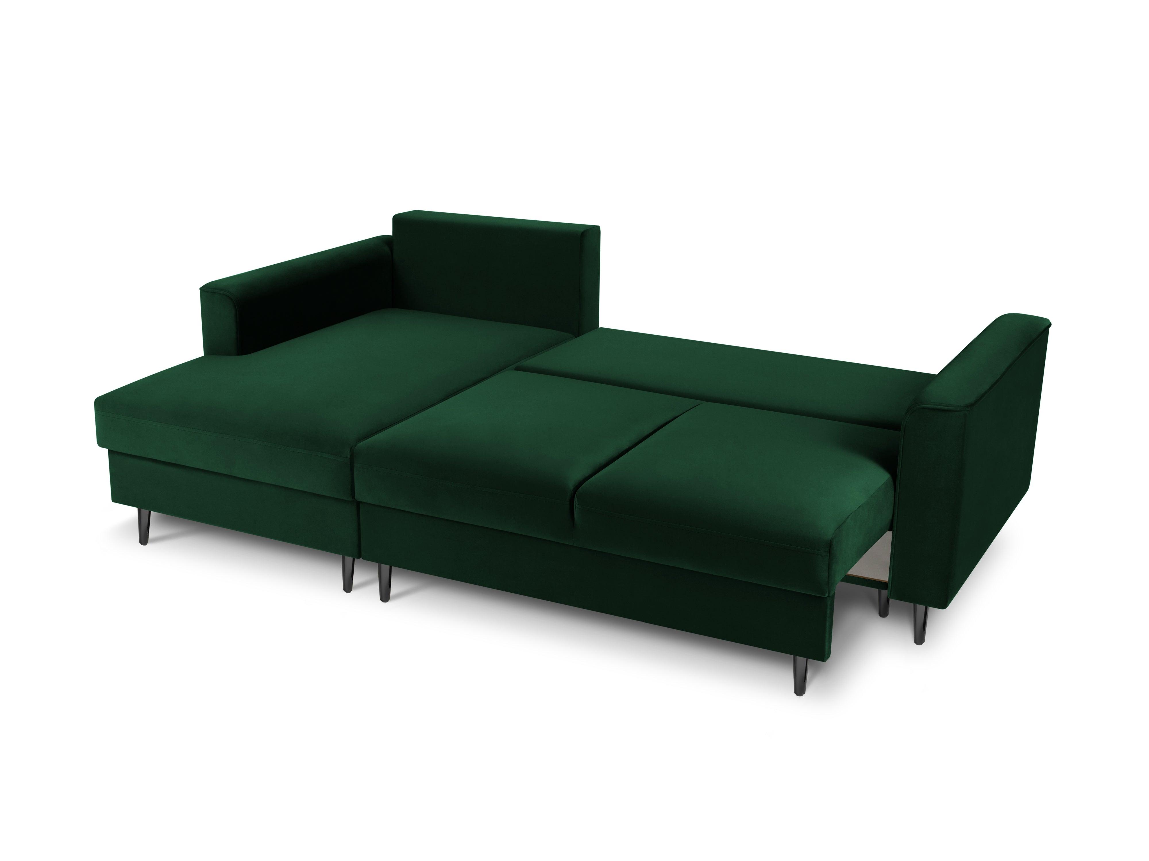 Narożnik lewostronny aksamitny z funkcją spania CARTADERA butelkowa zieleń z czarną podstawą Mazzini Sofas    Eye on Design