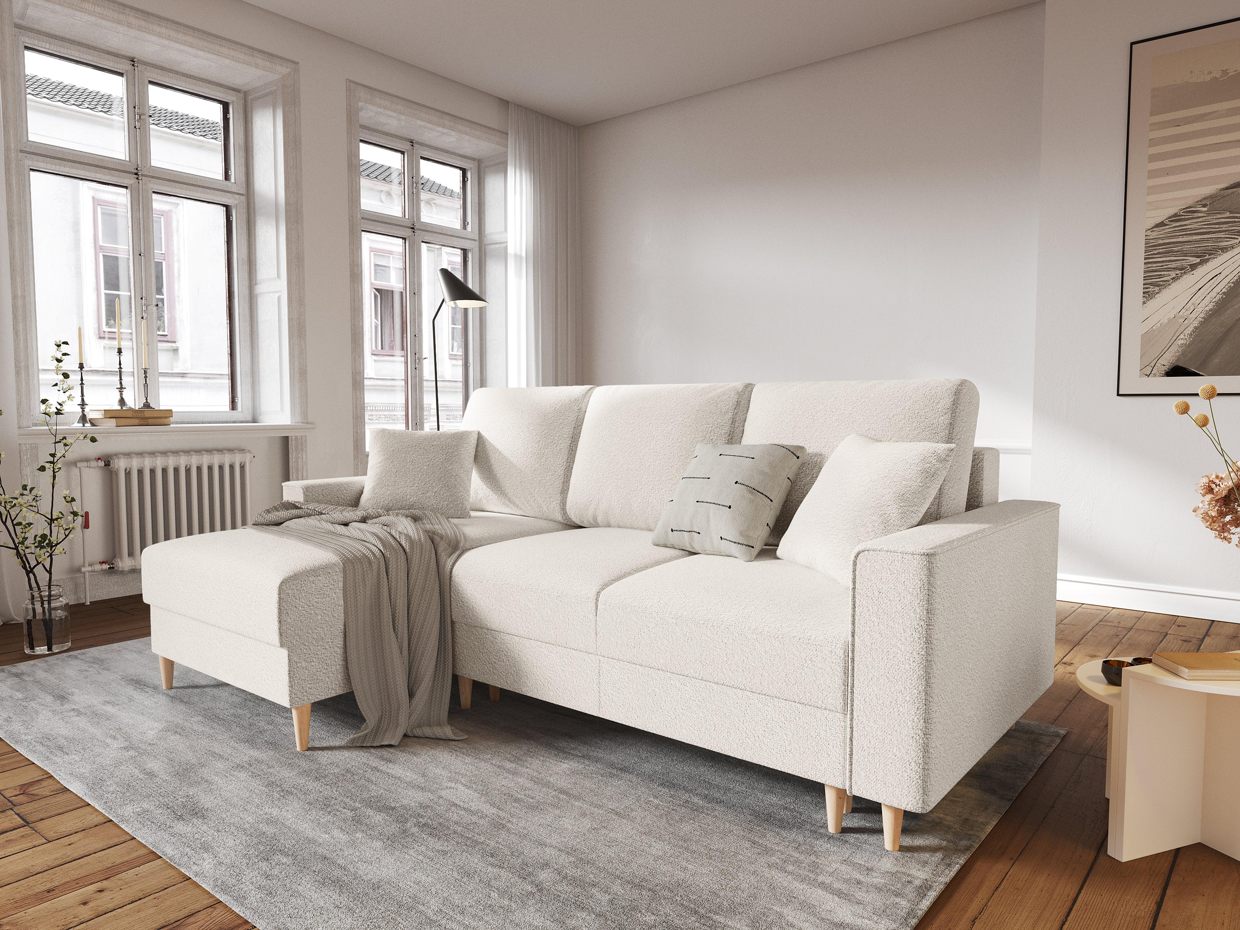 Narożnik lewostronny w tkaninie boucle z funkcją spania CARTADERA beżowy Mazzini Sofas    Eye on Design