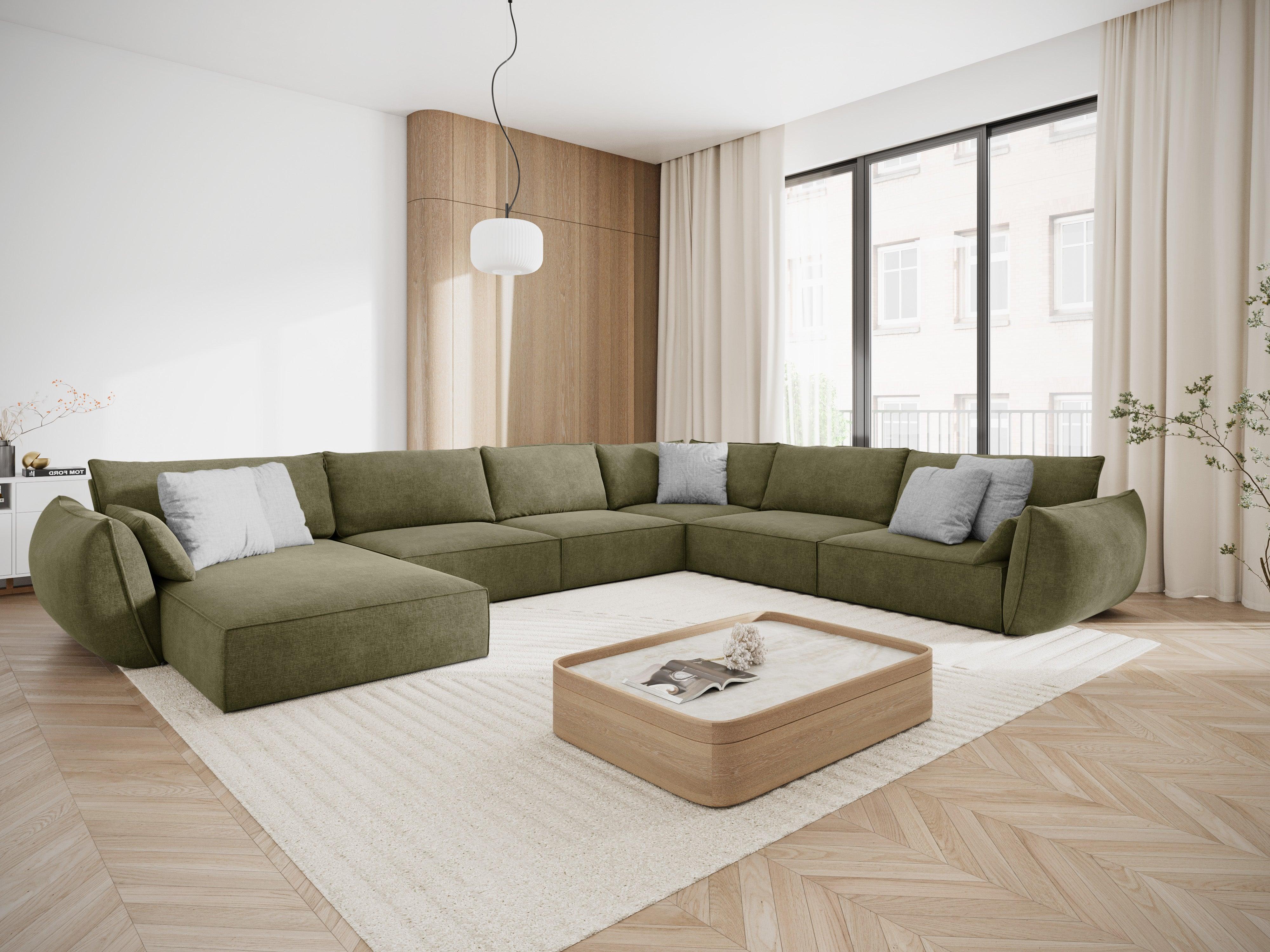 Narożnik panoramiczny w tkaninie szenilowej prawostronny VANDA zielony Mazzini Sofas    Eye on Design