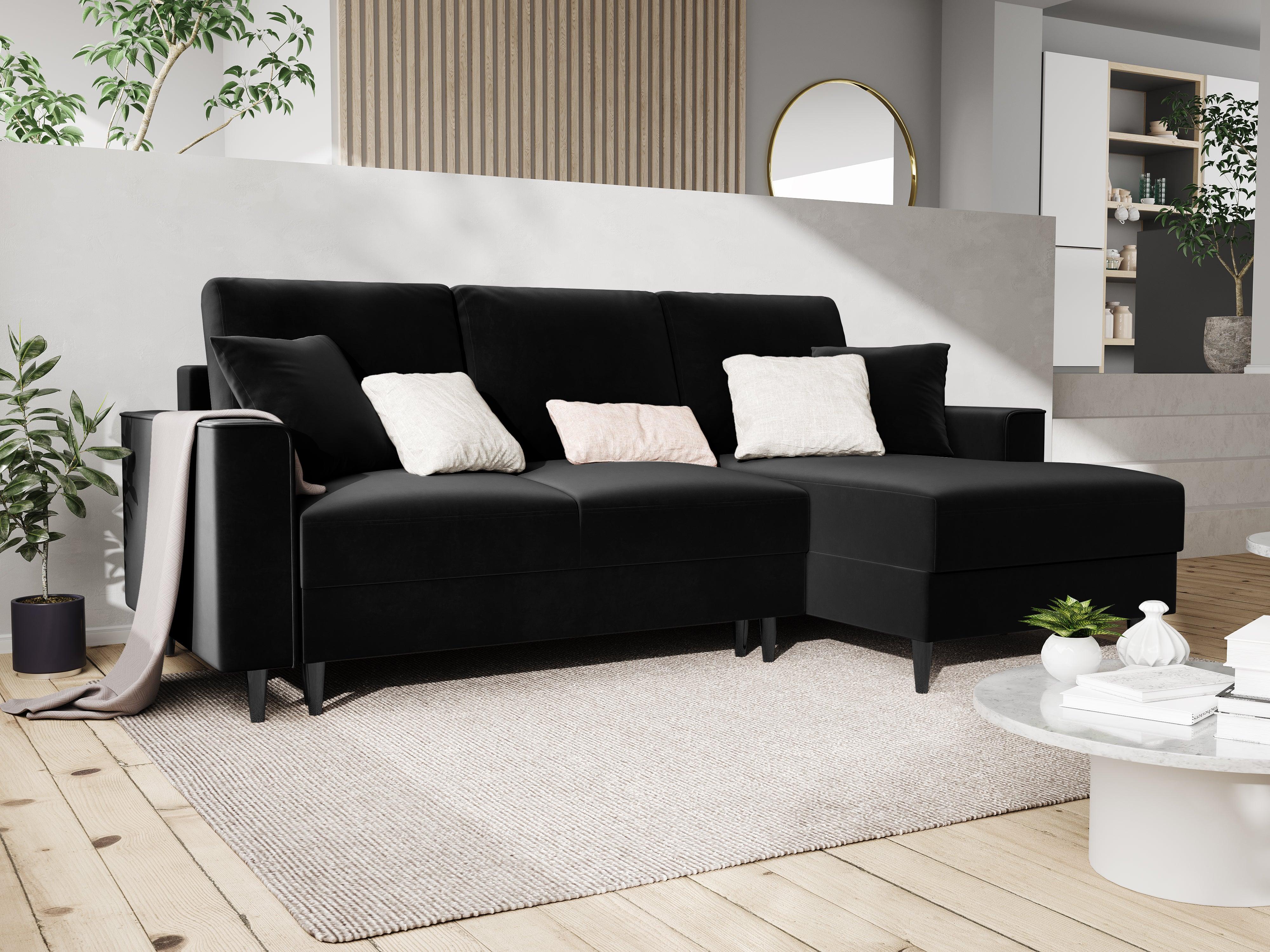 Narożnik prawostronny aksamitny z funkcją spania CARTADERA czarny z czarną podstawą Mazzini Sofas    Eye on Design