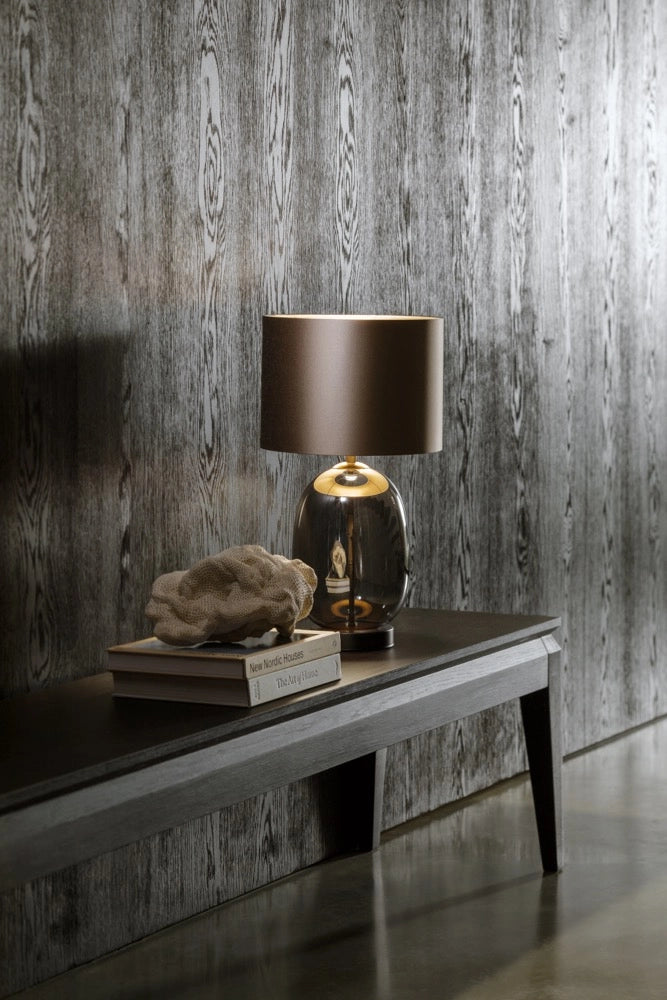 Tischlampe SALVADOR rauchiges Glas mit braunem Schirm und schwarzem Finish