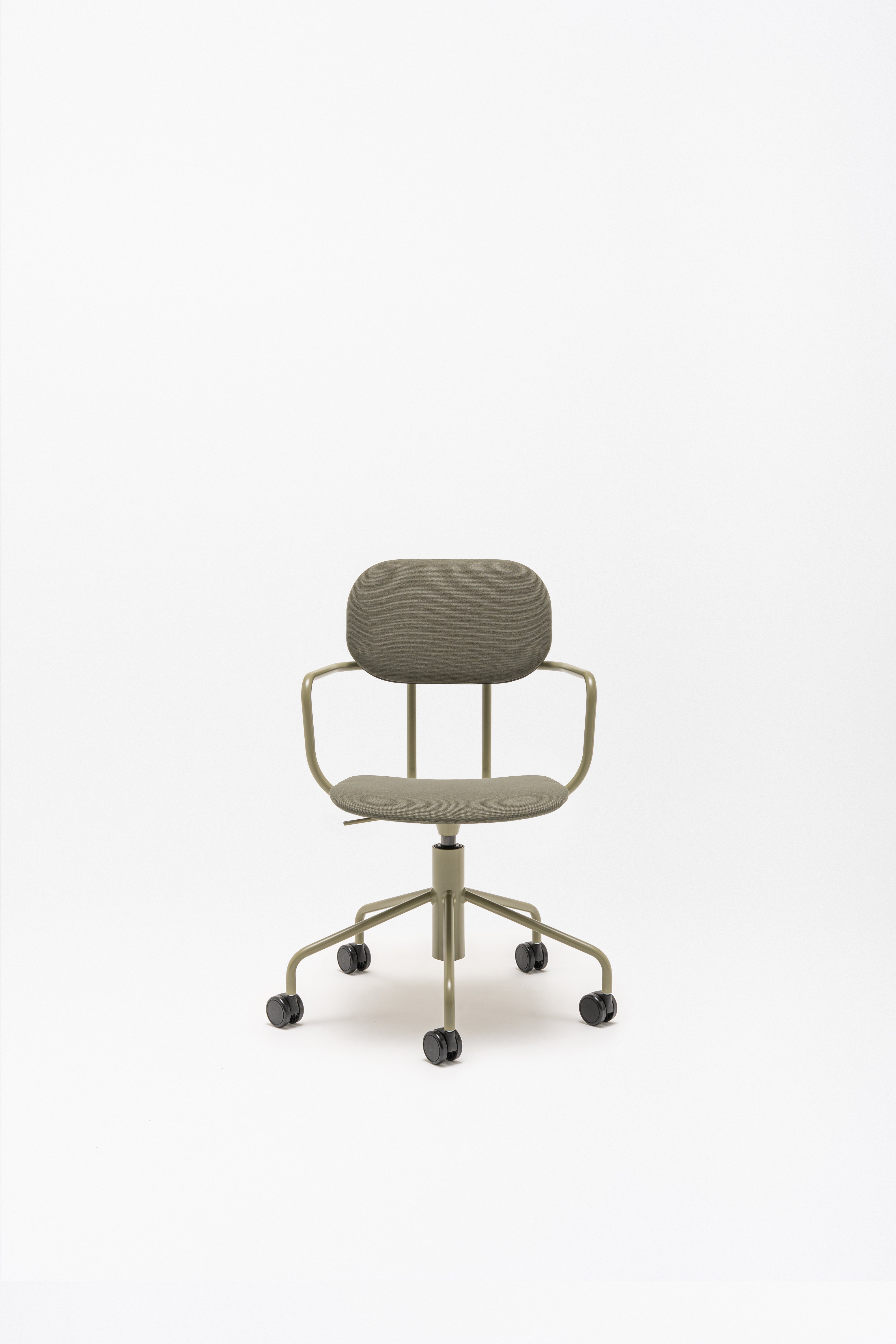 Office chair with adjustable New School base upholstered with wheels to the hard surface