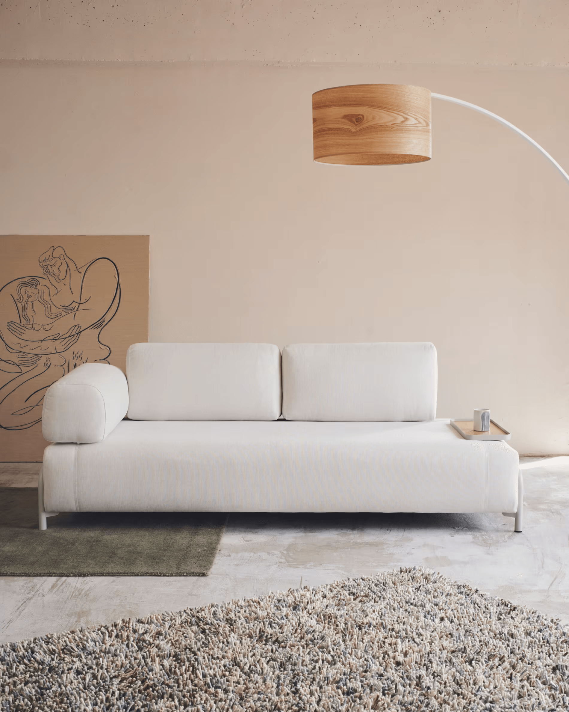 Sofa 3-osobowa modułowa z małą tacką COMPO jasnobeżowy szenil La Forma    Eye on Design