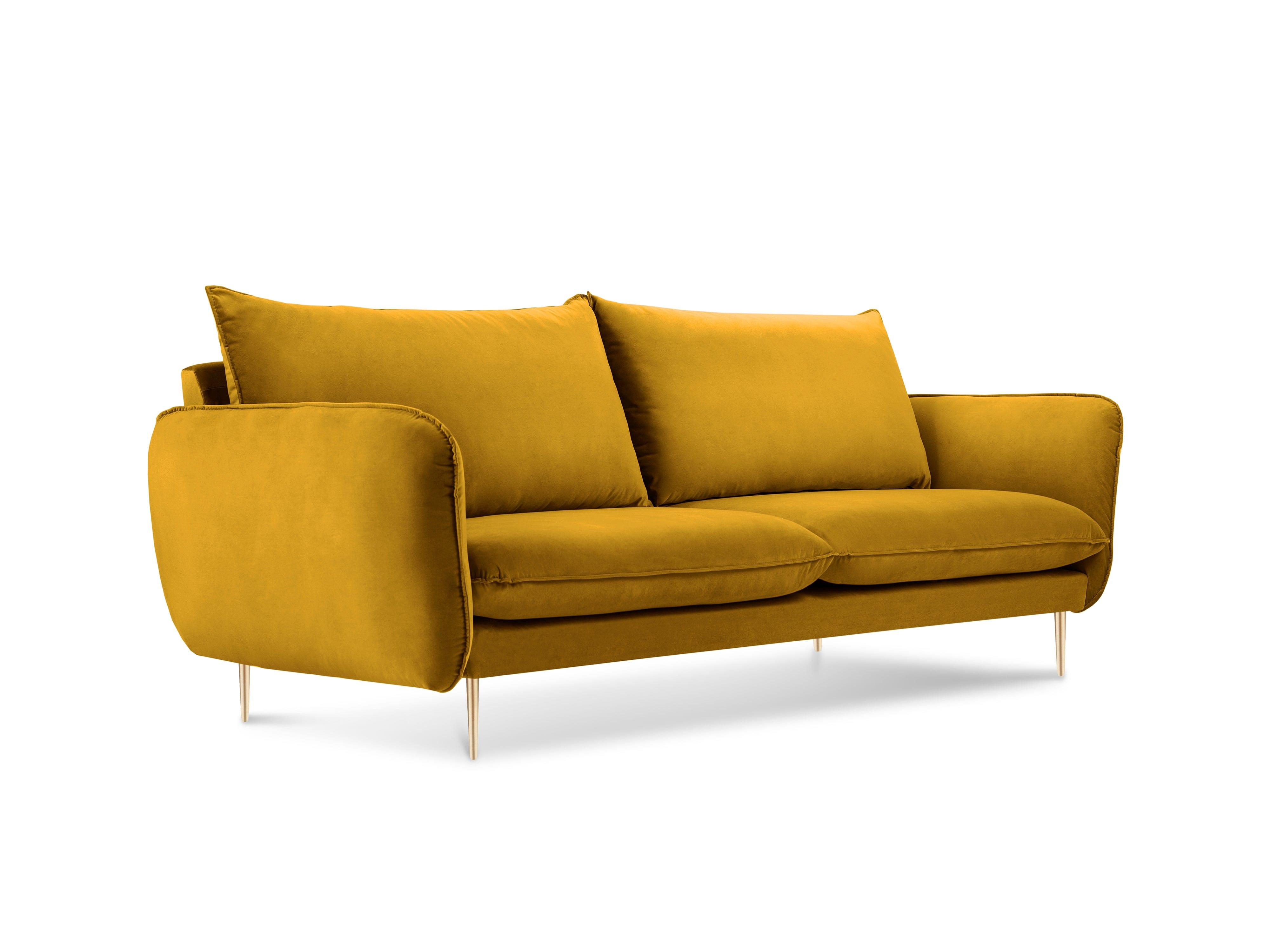 Sofa aksamitna 2-osobowa VIENNA żółty ze złotą podstawą Cosmopolitan Design    Eye on Design