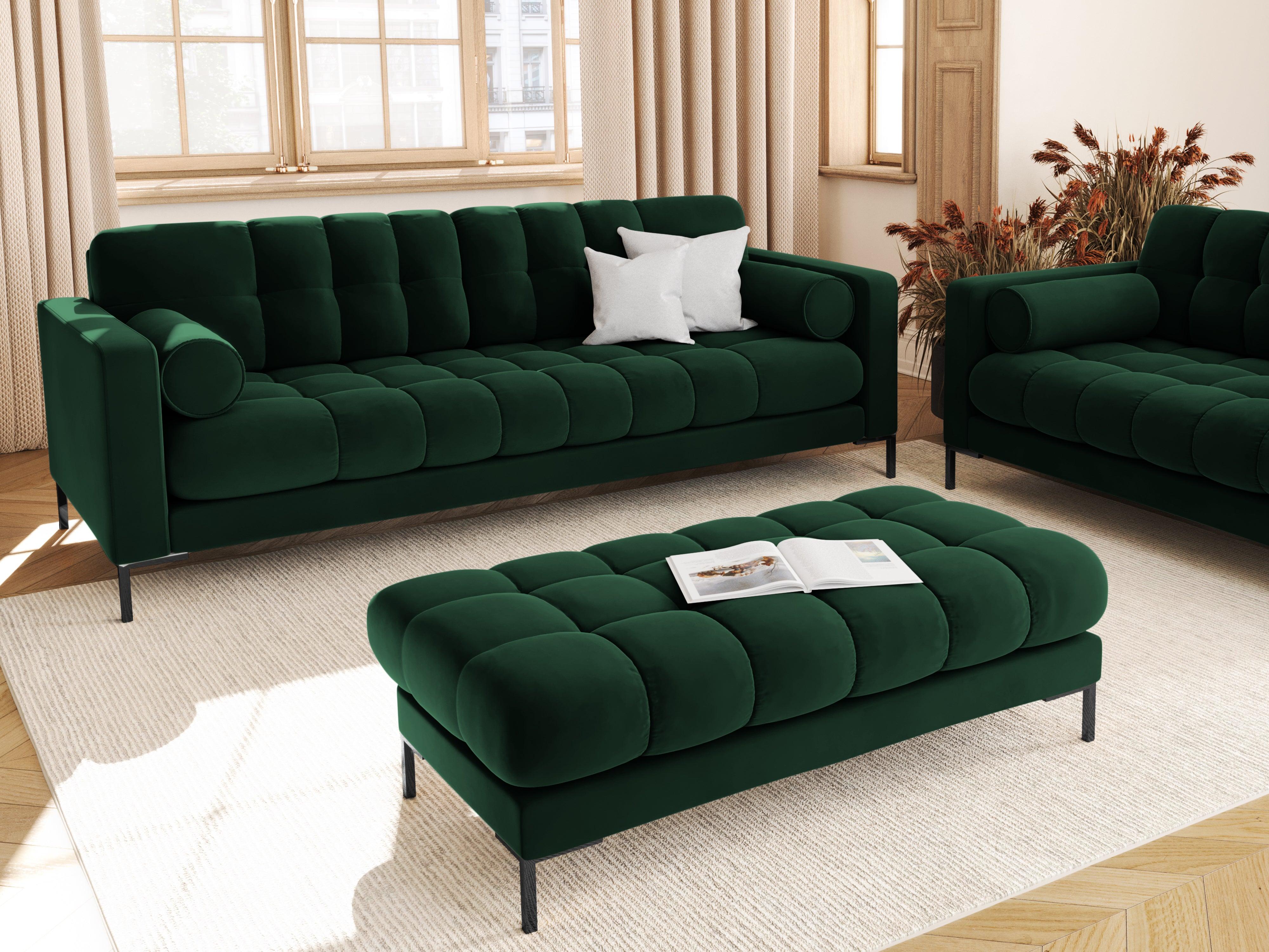 Sofa aksamitna 3-osobowa BALI butelkowa zieleń z czarną podstawą Cosmopolitan Design    Eye on Design