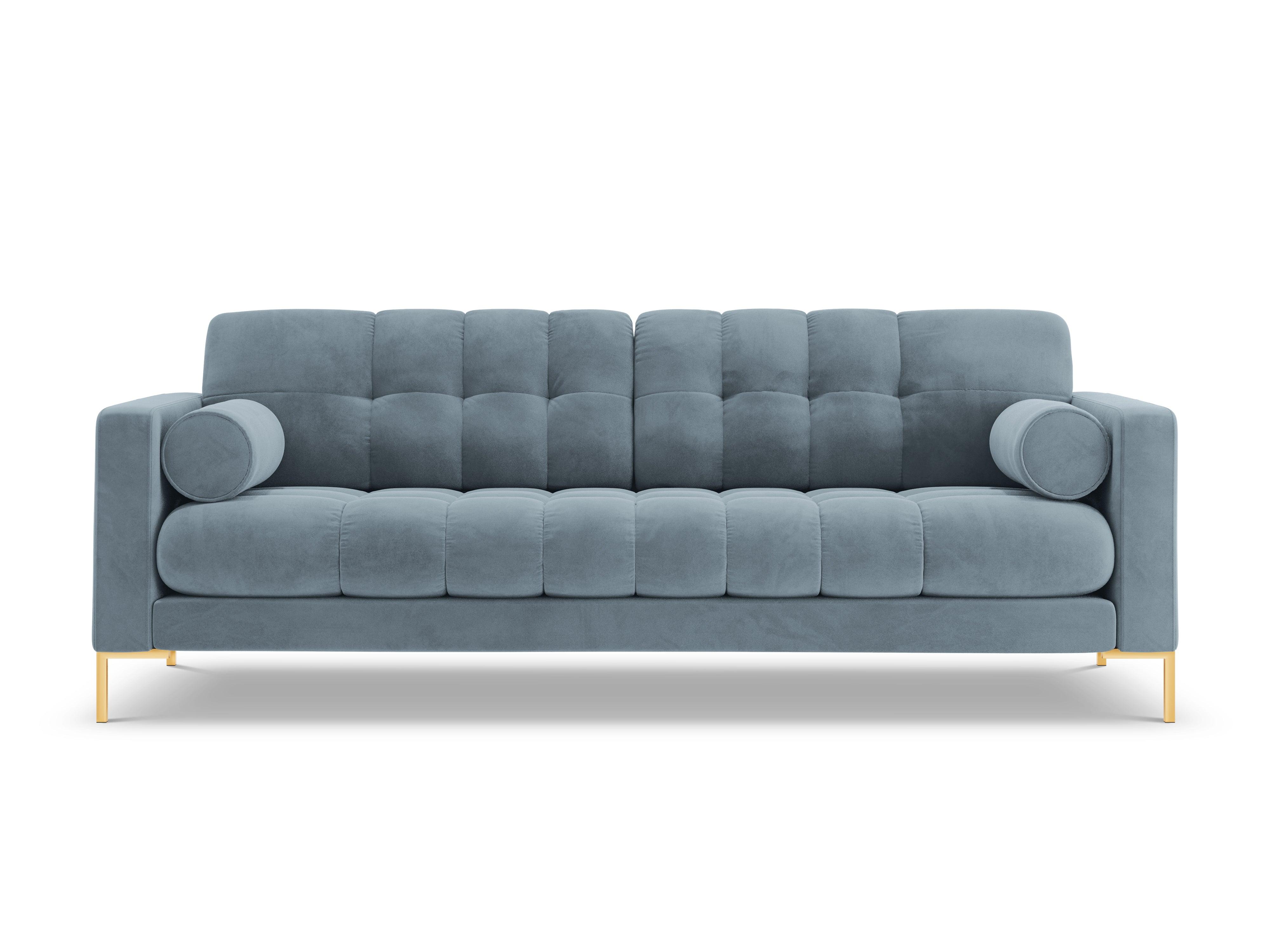 Sofa aksamitna 3-osobowa BALI jasnoniebieski ze złotą podstawą Cosmopolitan Design    Eye on Design