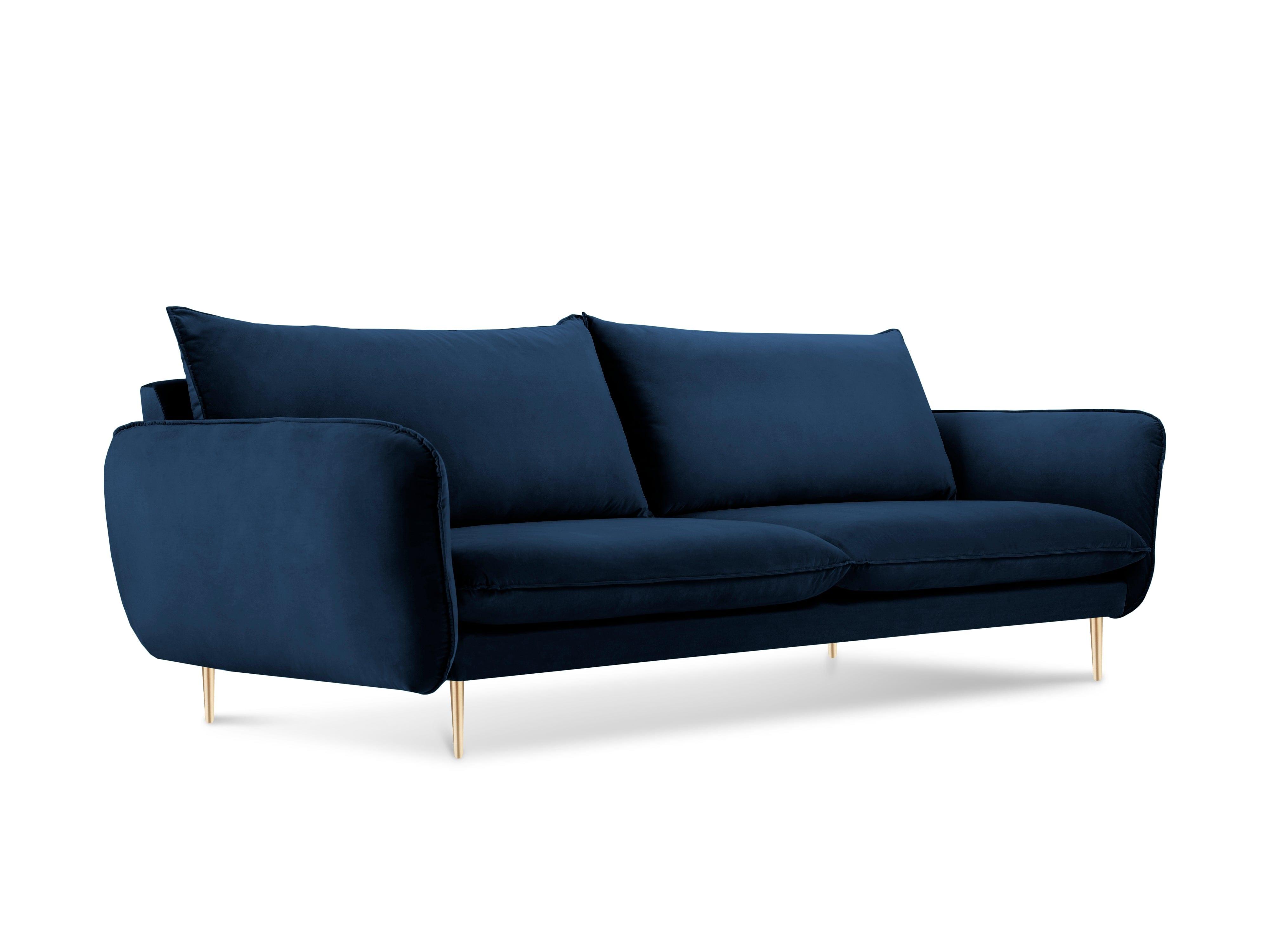 Sofa aksamitna 4-osobowa VIENNA niebieski ze złotą podstawą Cosmopolitan Design    Eye on Design