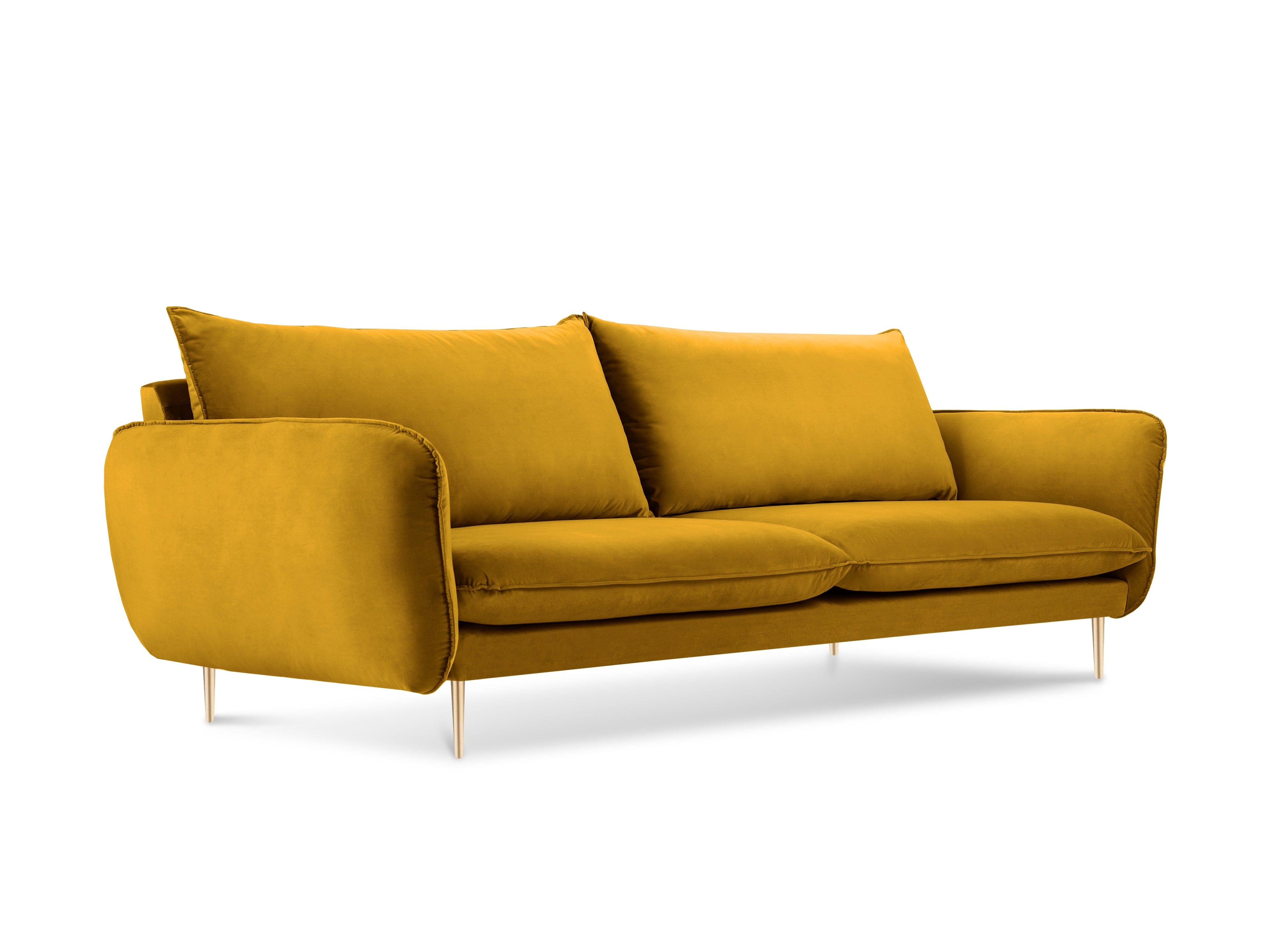 Sofa aksamitna 4-osobowa VIENNA żółty ze złotą podstawą Cosmopolitan Design    Eye on Design