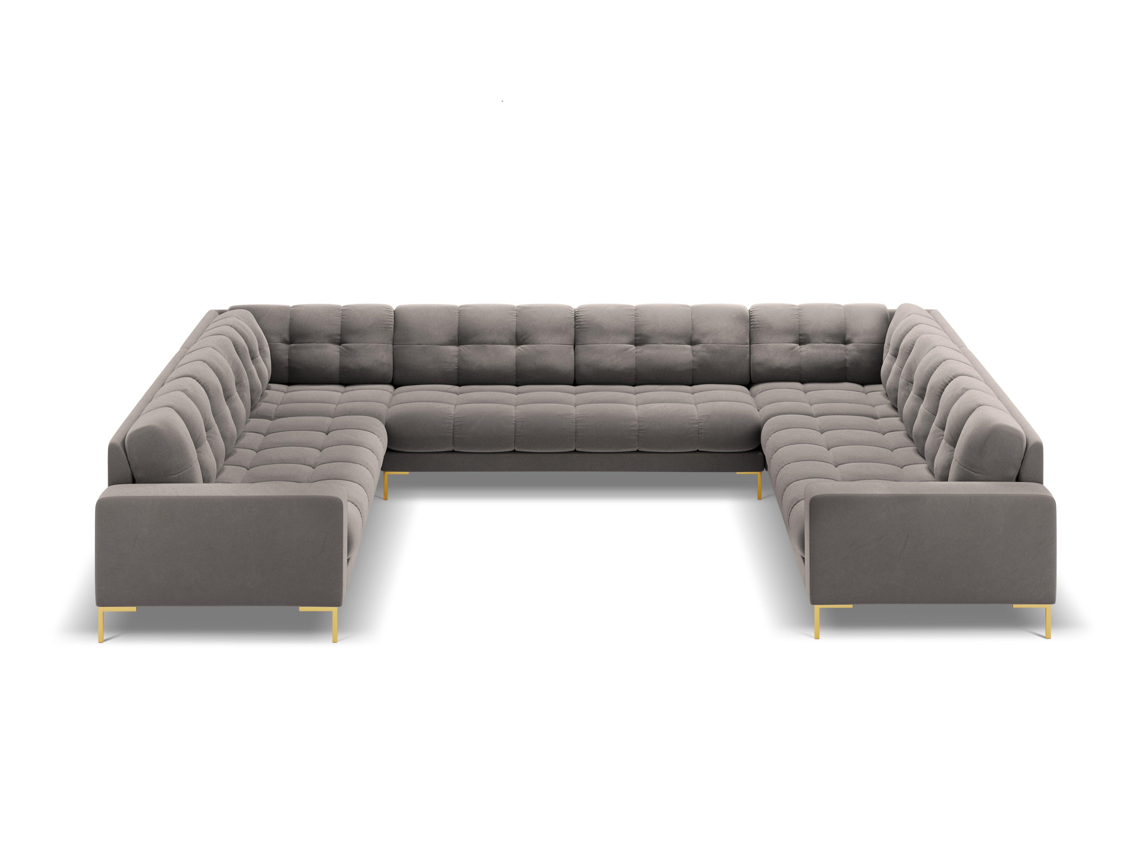 Sofa aksamitna panoramiczna 9-osobowa BALI jasnoszary ze złotą podstawą Cosmopolitan Design    Eye on Design