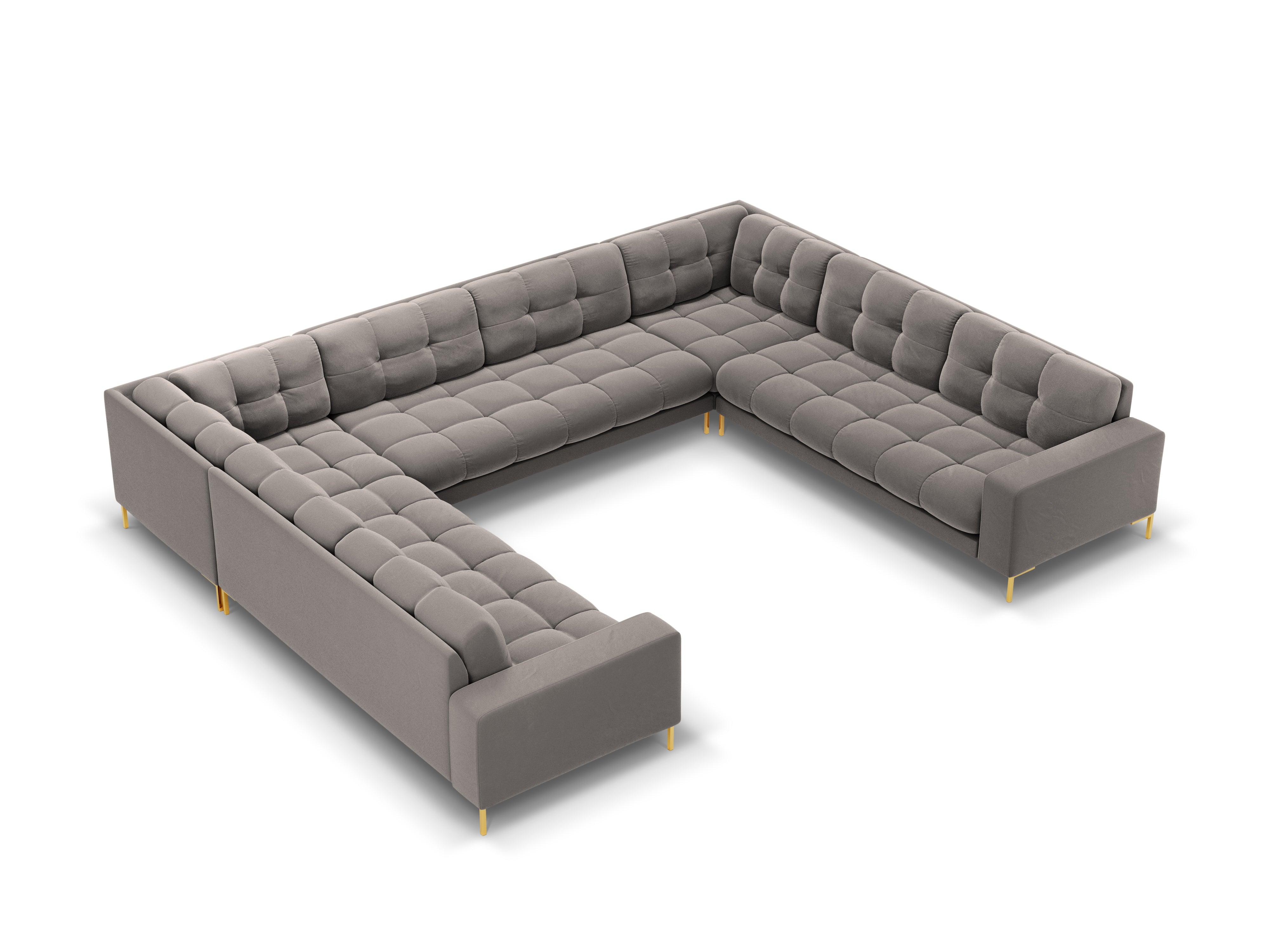 Sofa aksamitna panoramiczna 9-osobowa BALI jasnoszary ze złotą podstawą Cosmopolitan Design    Eye on Design
