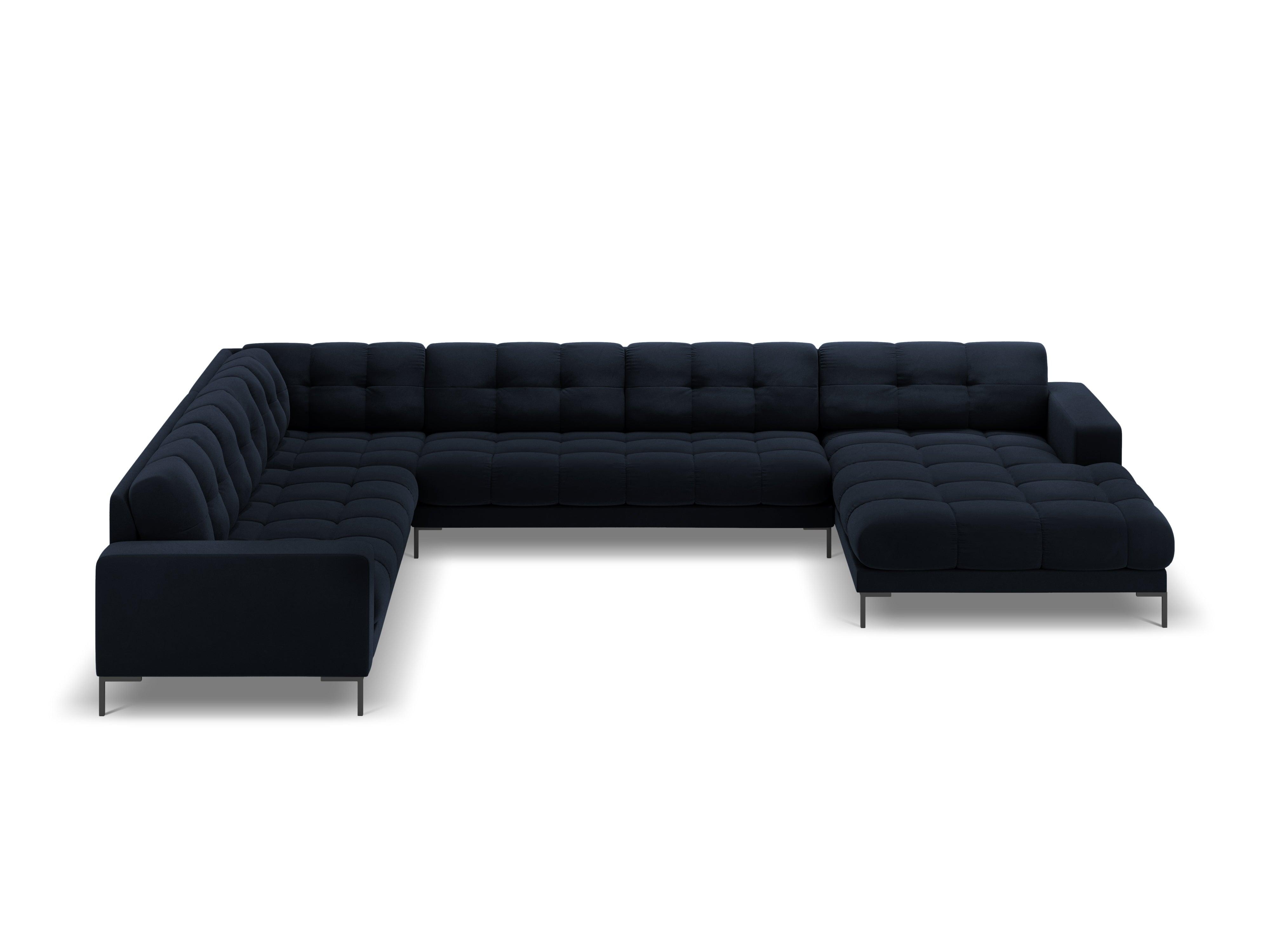 Sofa aksamitna panoramiczna lewostronna 7-osobowa BALI ciemnoniebieski z czarną podstawą Cosmopolitan Design    Eye on Design