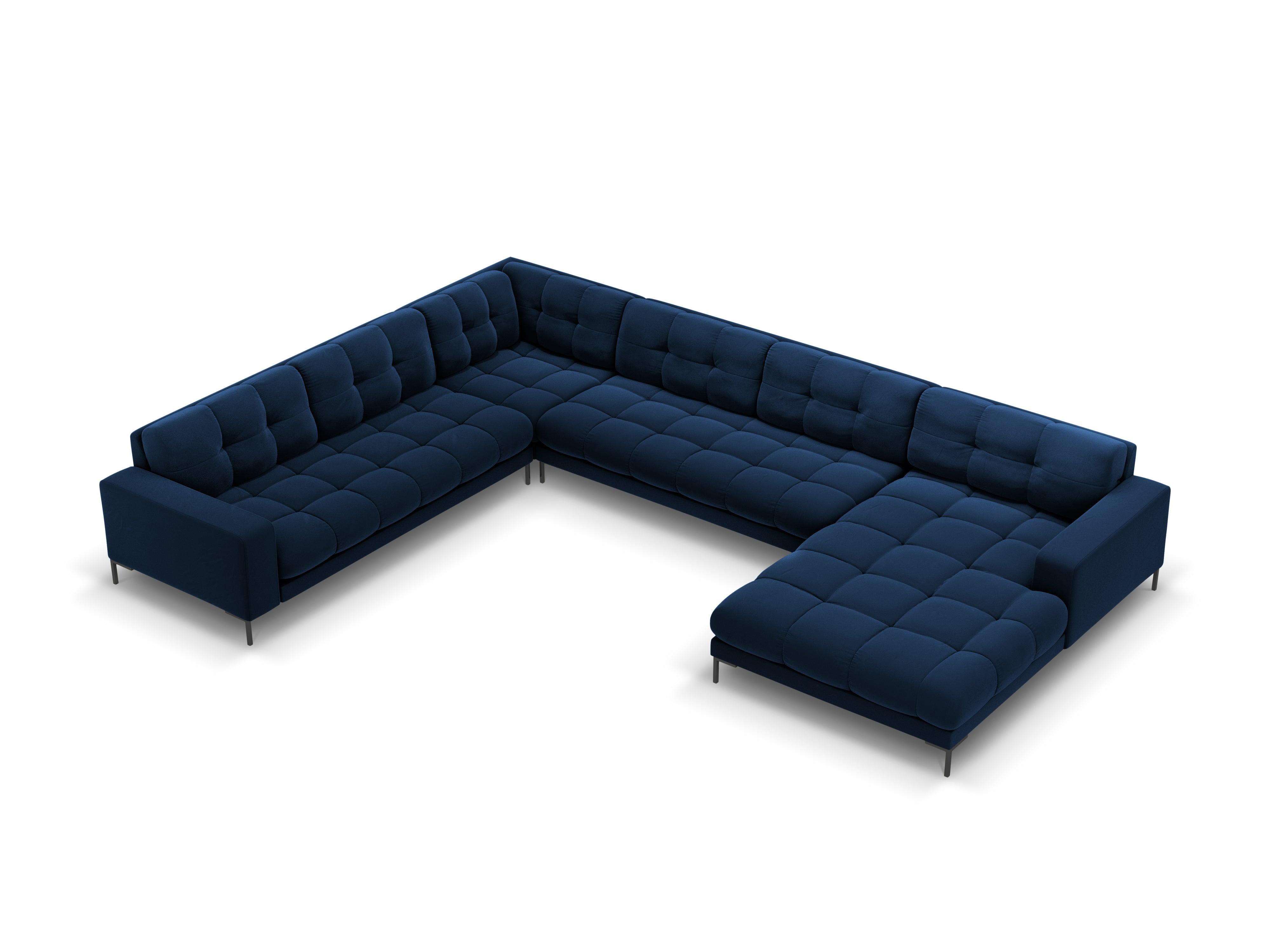 Sofa aksamitna panoramiczna lewostronna 7-osobowa BALI granat królewski z czarną podstawą Cosmopolitan Design    Eye on Design