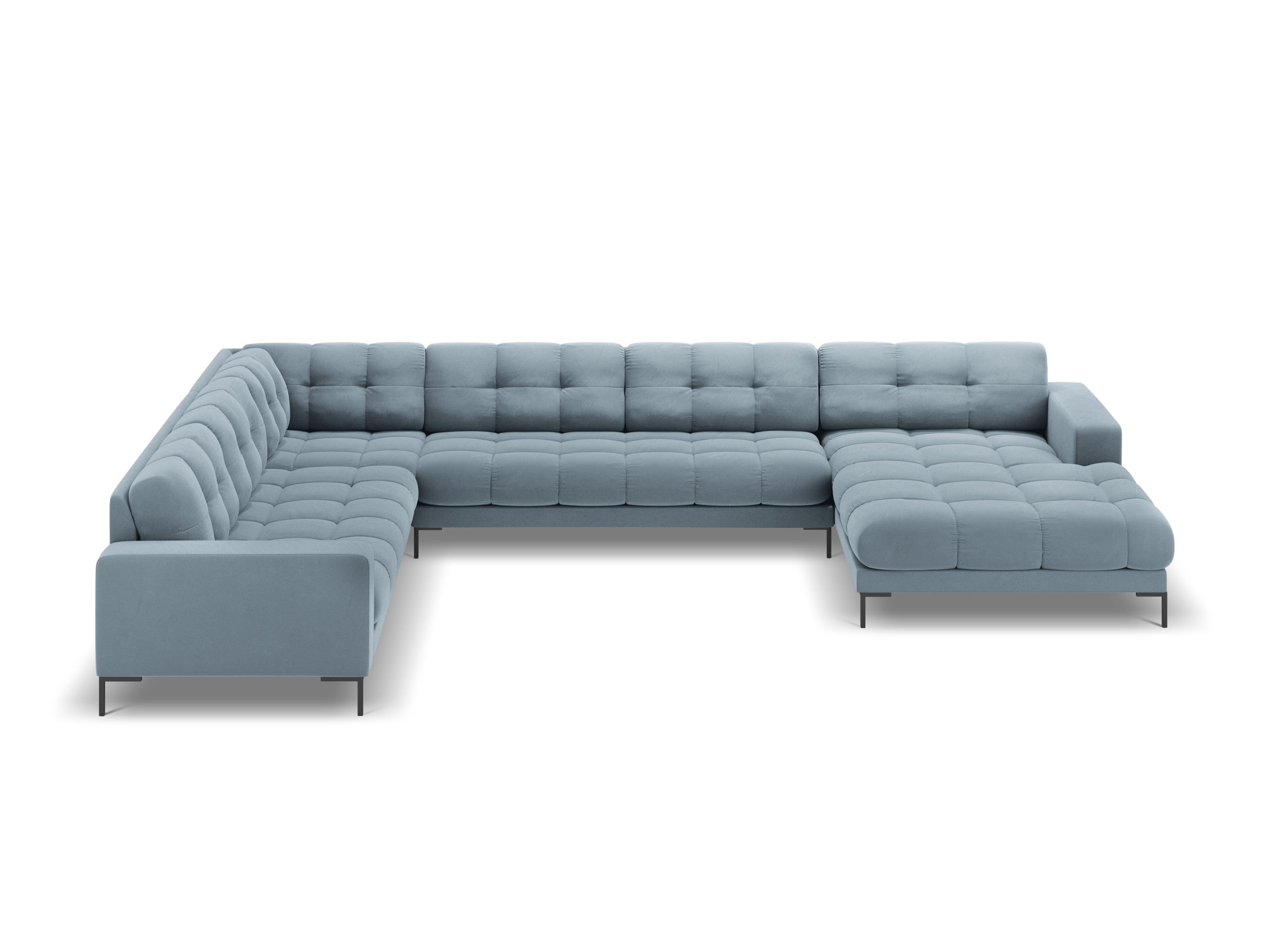 Sofa aksamitna panoramiczna lewostronna 7-osobowa BALI jasnoniebieski z czarną podstawą Cosmopolitan Design    Eye on Design