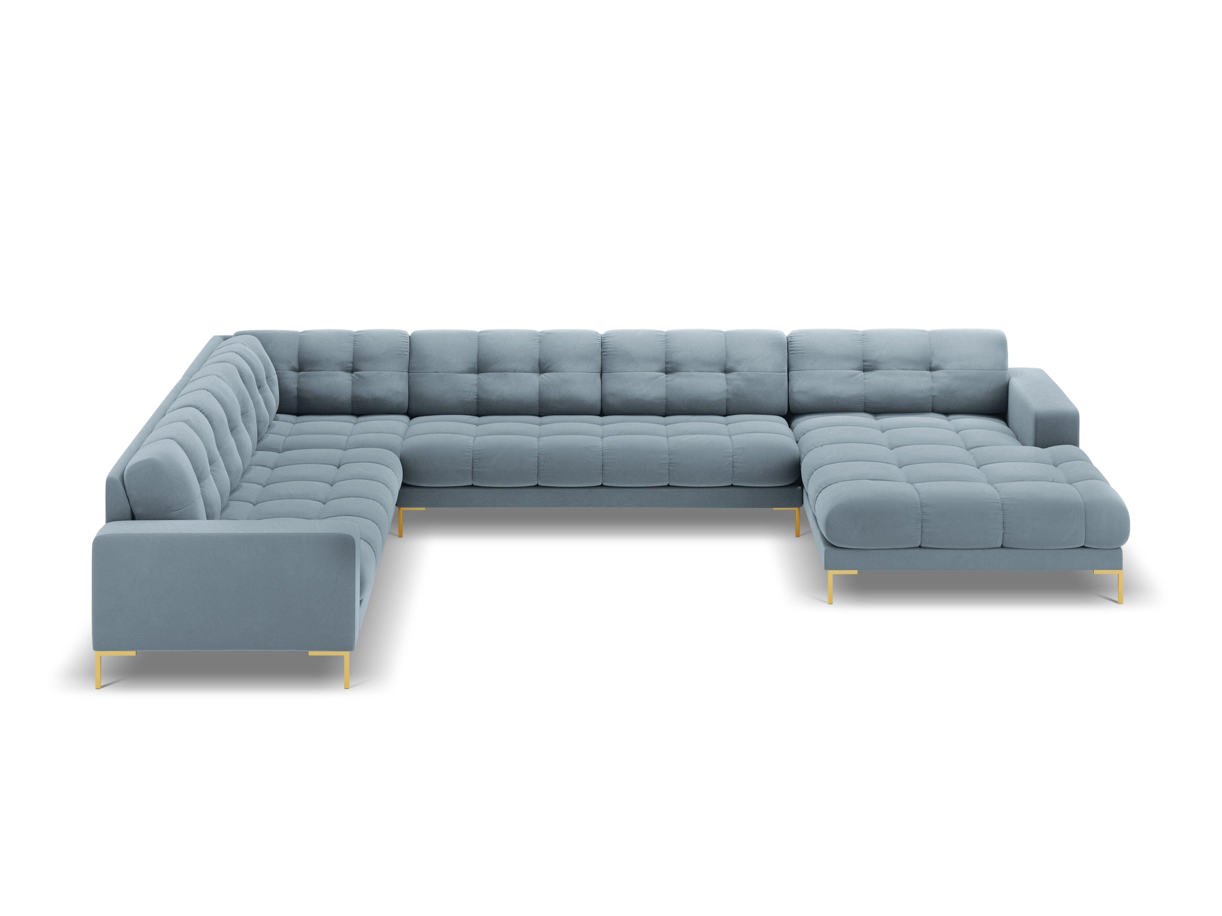 Sofa aksamitna panoramiczna lewostronna 7-osobowa BALI jasnoniebieski ze złotą podstawą Cosmopolitan Design    Eye on Design