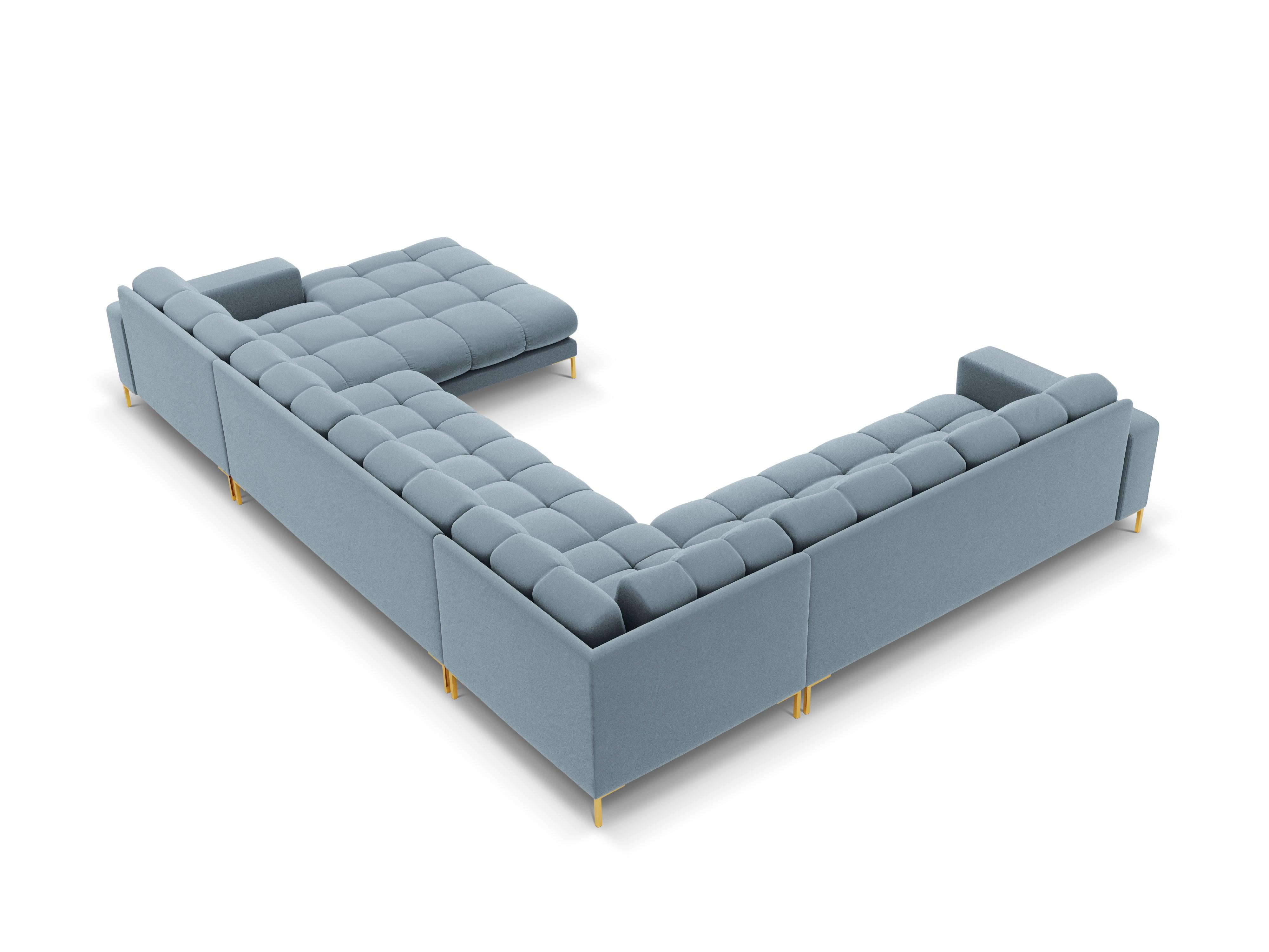 Sofa aksamitna panoramiczna lewostronna 7-osobowa BALI jasnoniebieski ze złotą podstawą Cosmopolitan Design    Eye on Design