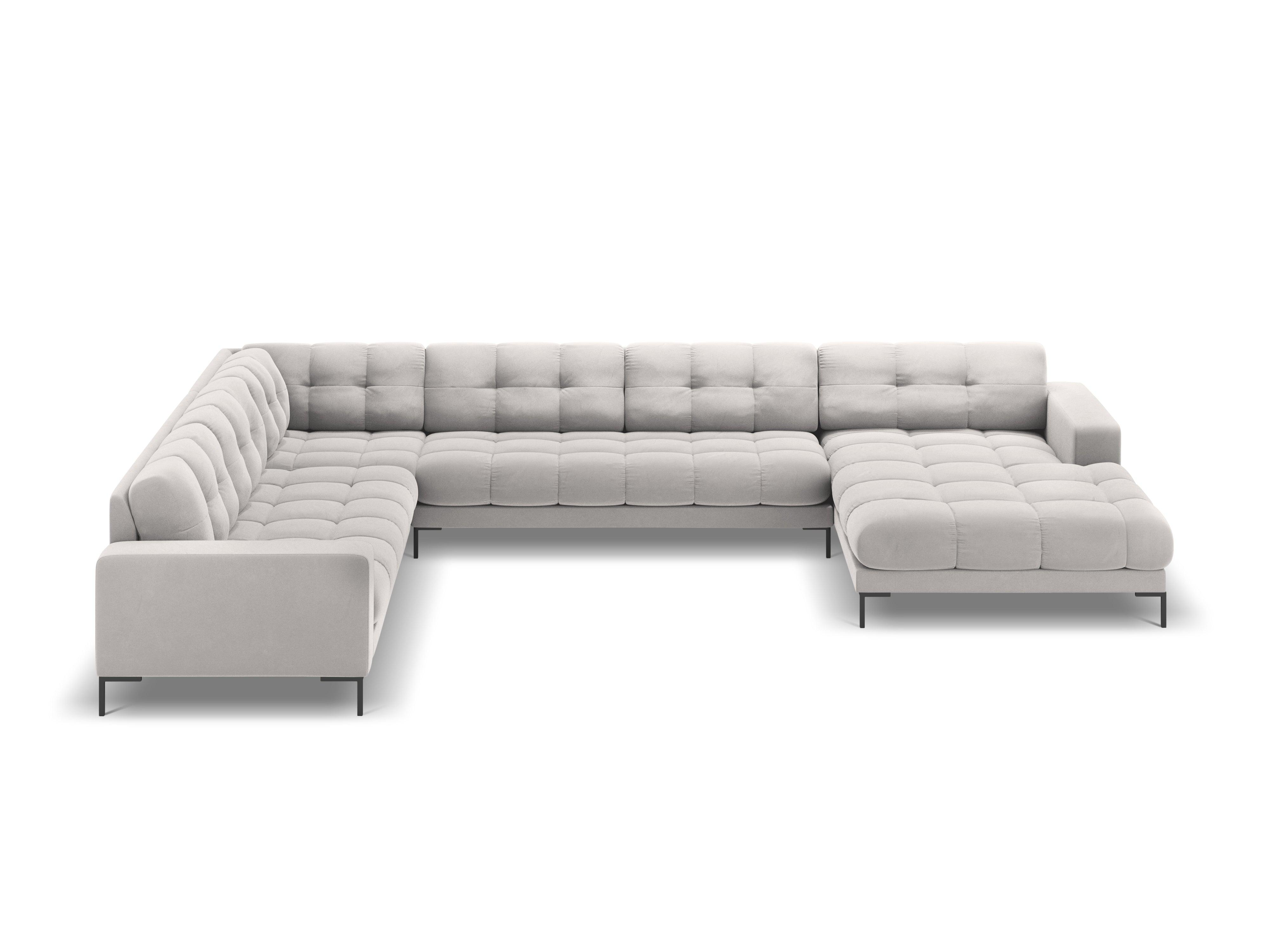 Sofa aksamitna panoramiczna lewostronna 7-osobowa BALI srebrny z czarną podstawą Cosmopolitan Design    Eye on Design