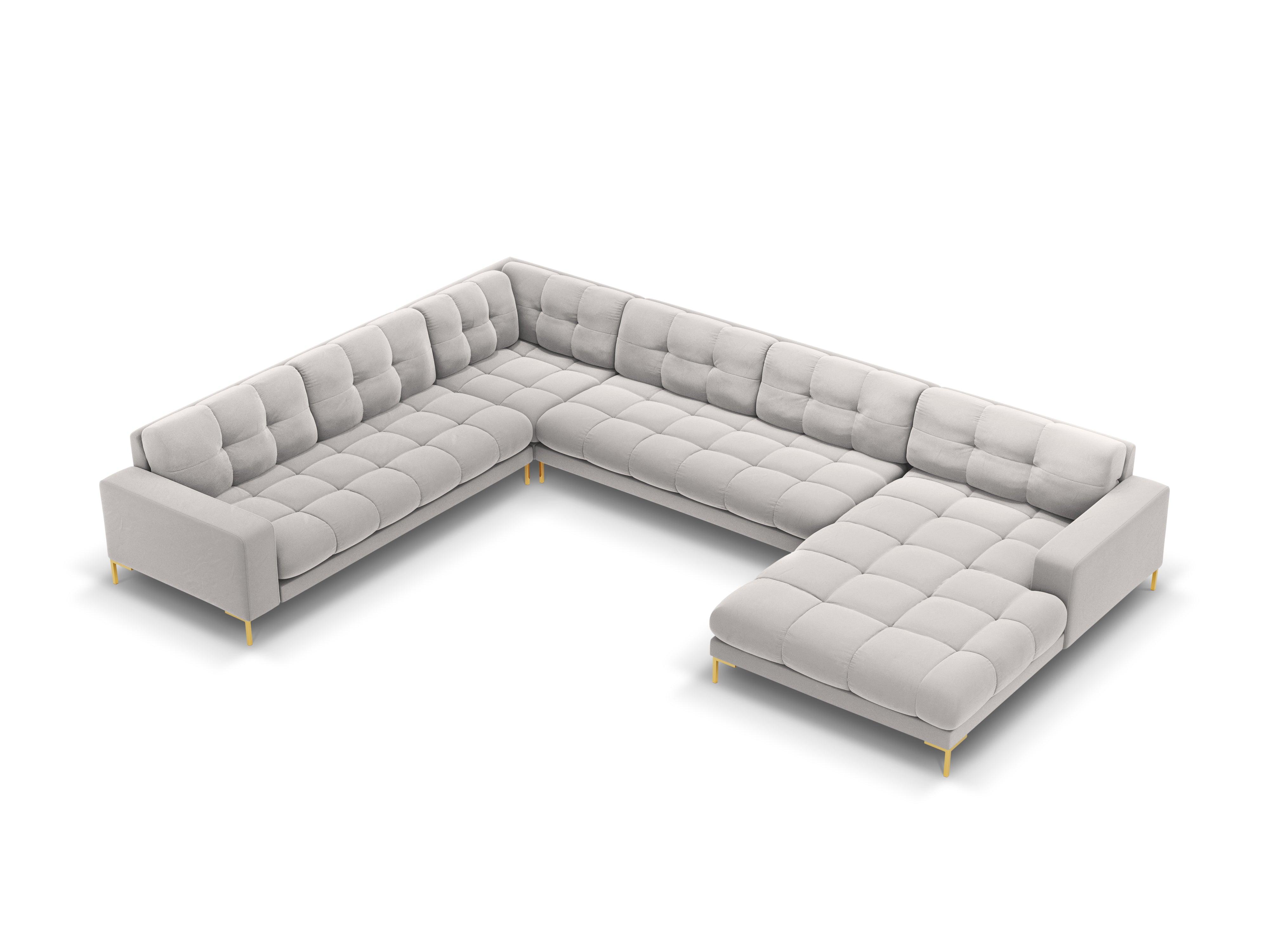 Sofa aksamitna panoramiczna lewostronna 7-osobowa BALI srebrny ze złotą podstawą Cosmopolitan Design    Eye on Design