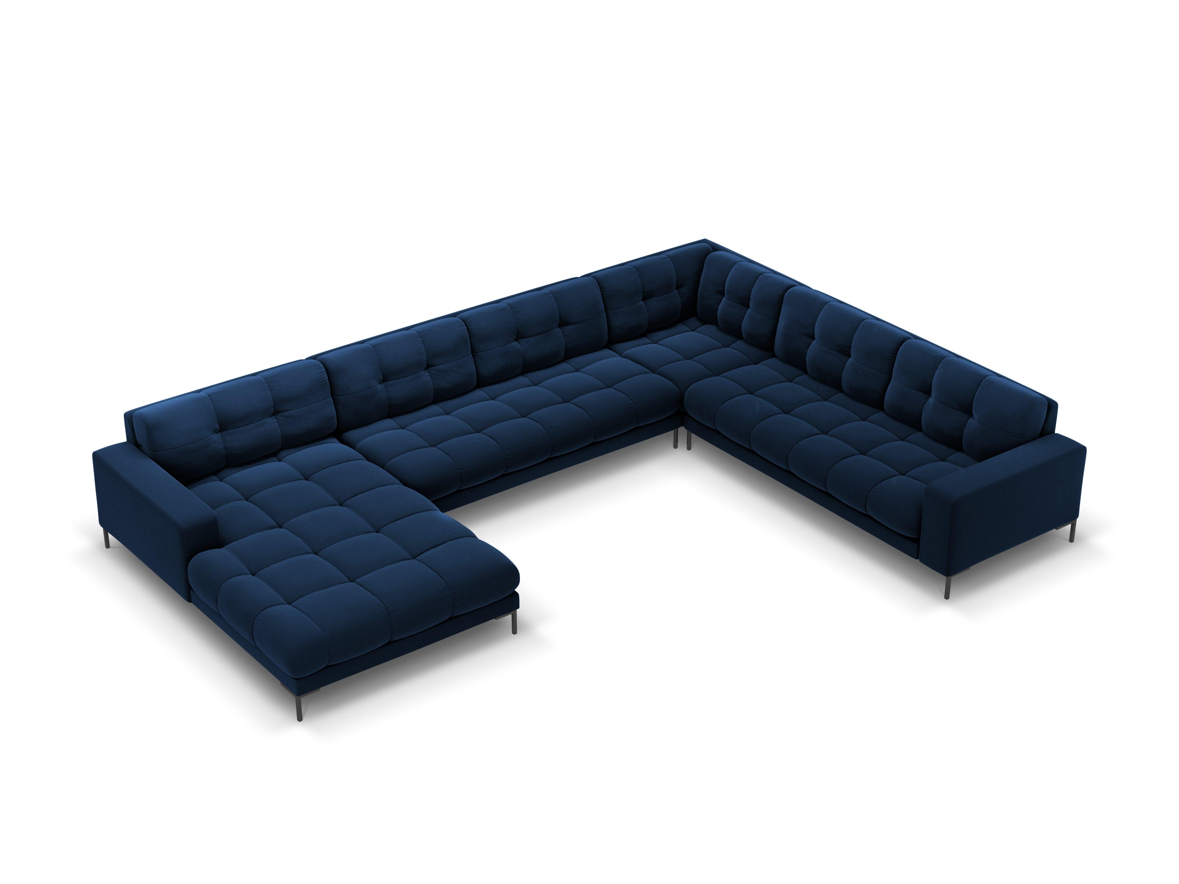 Sofa aksamitna panoramiczna prawostronna 7-osobowa BALI granat królewski z czarną podstawą Cosmopolitan Design    Eye on Design