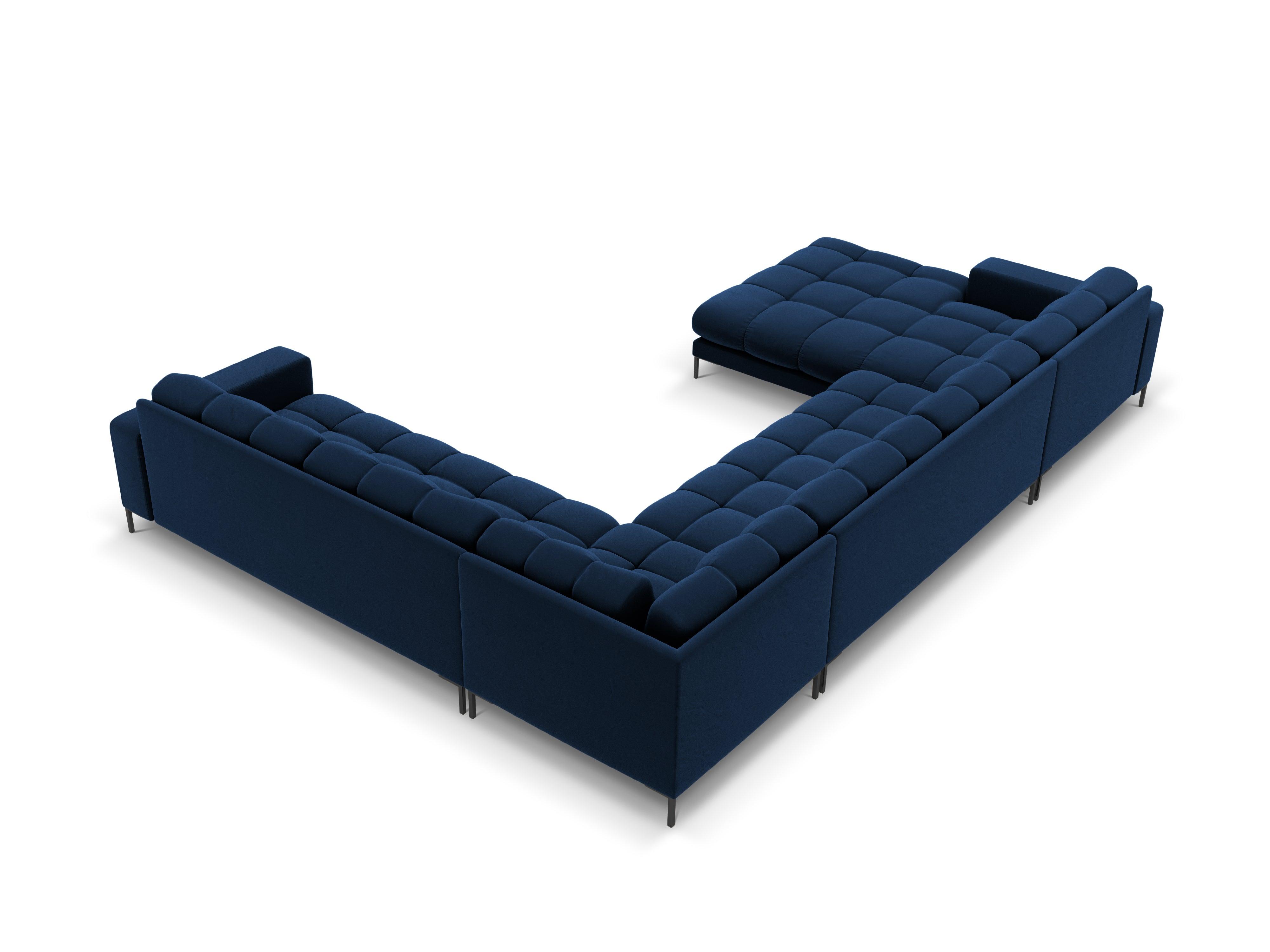 Sofa aksamitna panoramiczna prawostronna 7-osobowa BALI granat królewski z czarną podstawą Cosmopolitan Design    Eye on Design