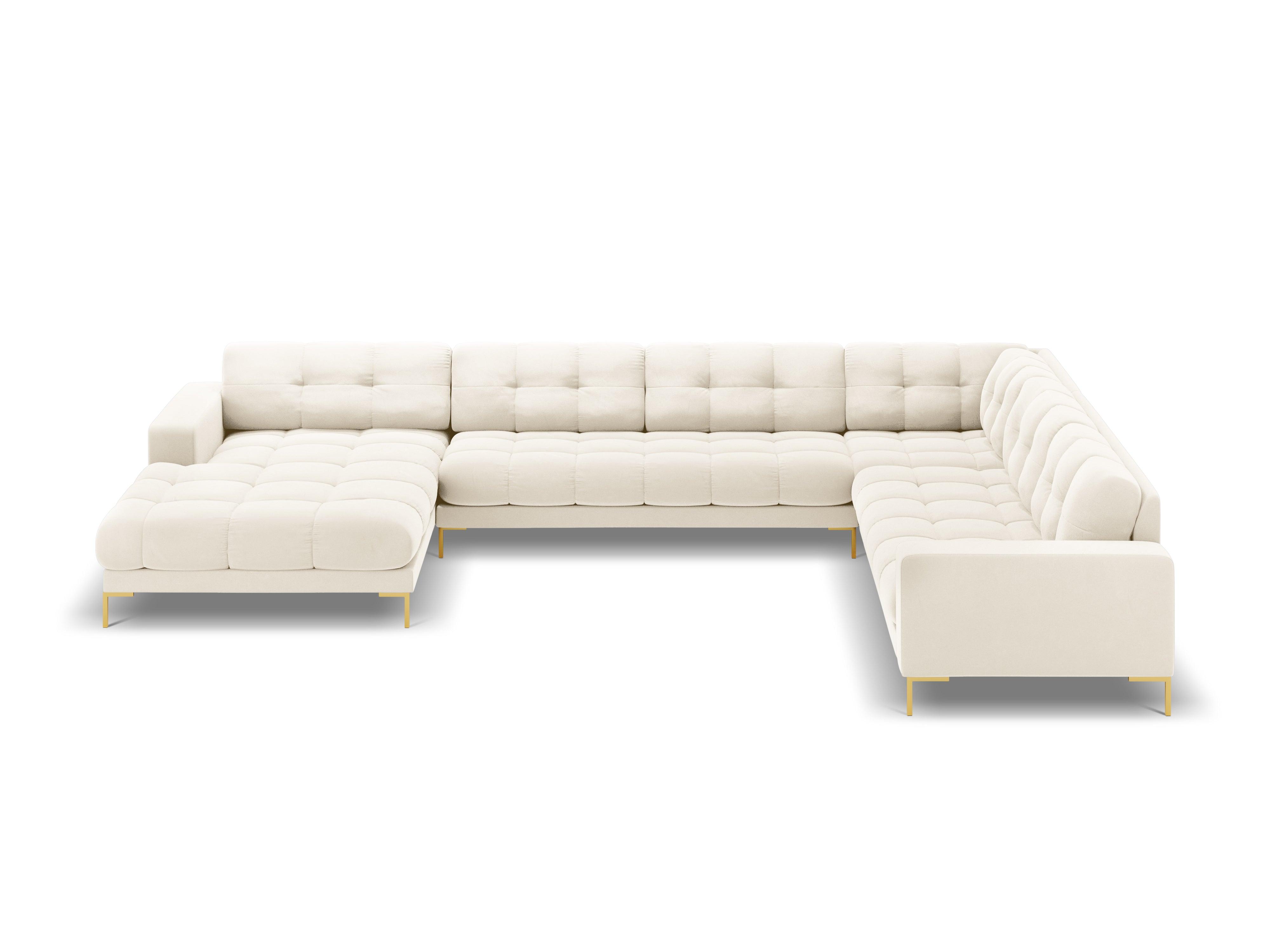 Sofa aksamitna panoramiczna prawostronna 7-osobowa BALI jasnobeżowy ze złotą podstawą Cosmopolitan Design    Eye on Design
