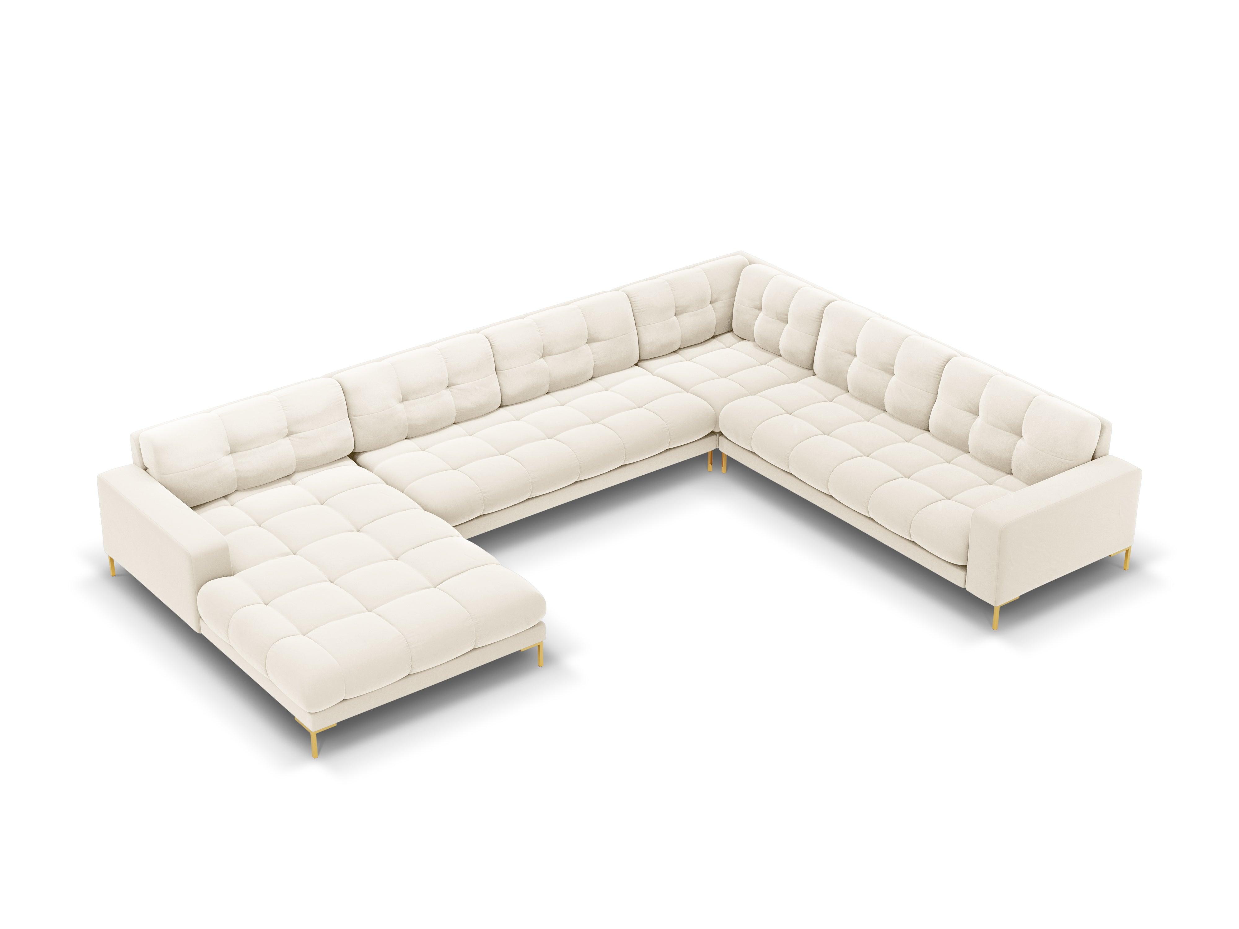 Sofa aksamitna panoramiczna prawostronna 7-osobowa BALI jasnobeżowy ze złotą podstawą Cosmopolitan Design    Eye on Design