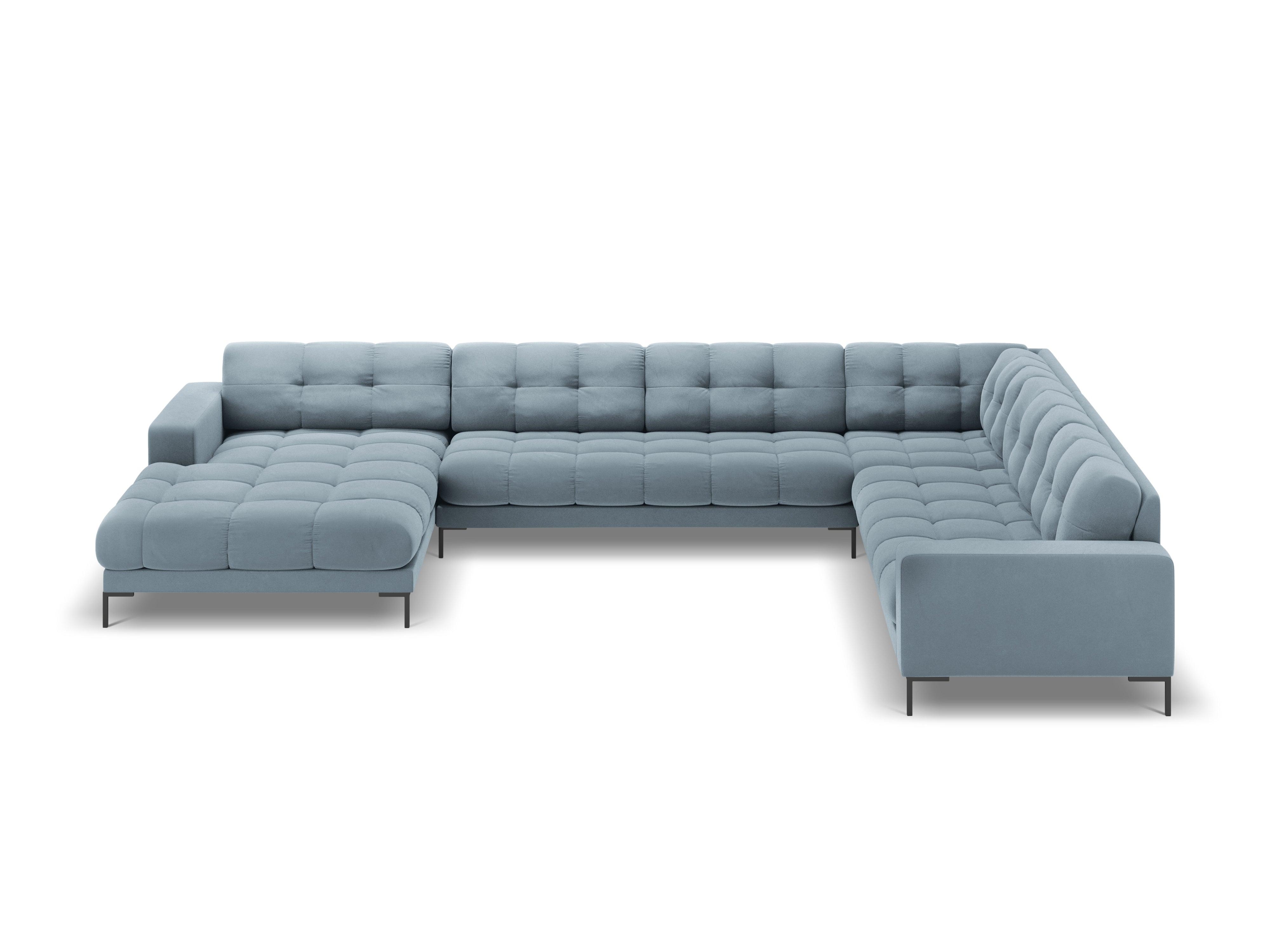 Sofa aksamitna panoramiczna prawostronna 7-osobowa BALI jasnoniebieski z czarną podstawą Cosmopolitan Design    Eye on Design