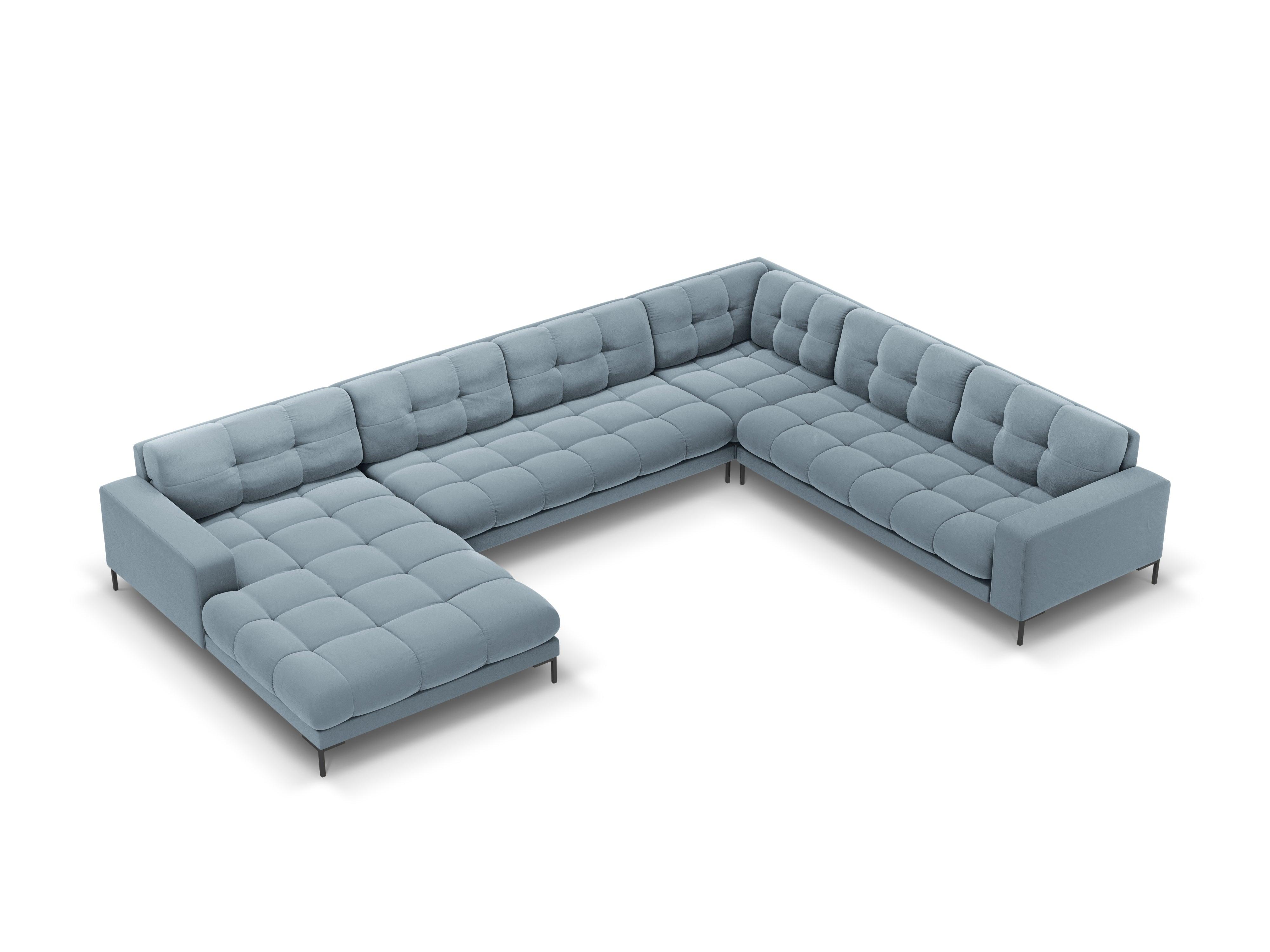 Sofa aksamitna panoramiczna prawostronna 7-osobowa BALI jasnoniebieski z czarną podstawą Cosmopolitan Design    Eye on Design