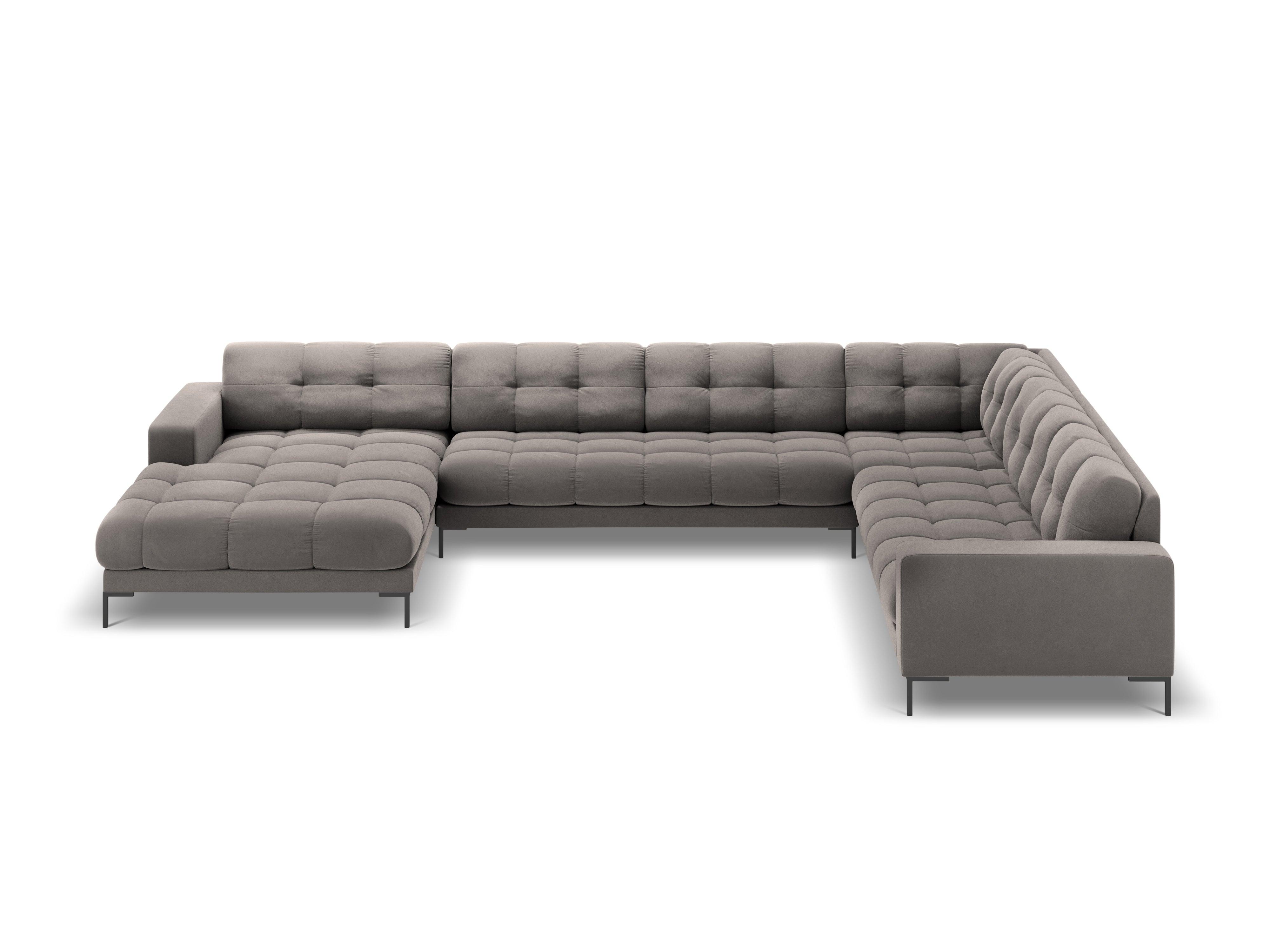 Sofa aksamitna panoramiczna prawostronna 7-osobowa BALI jasnoszary z czarną podstawą Cosmopolitan Design    Eye on Design