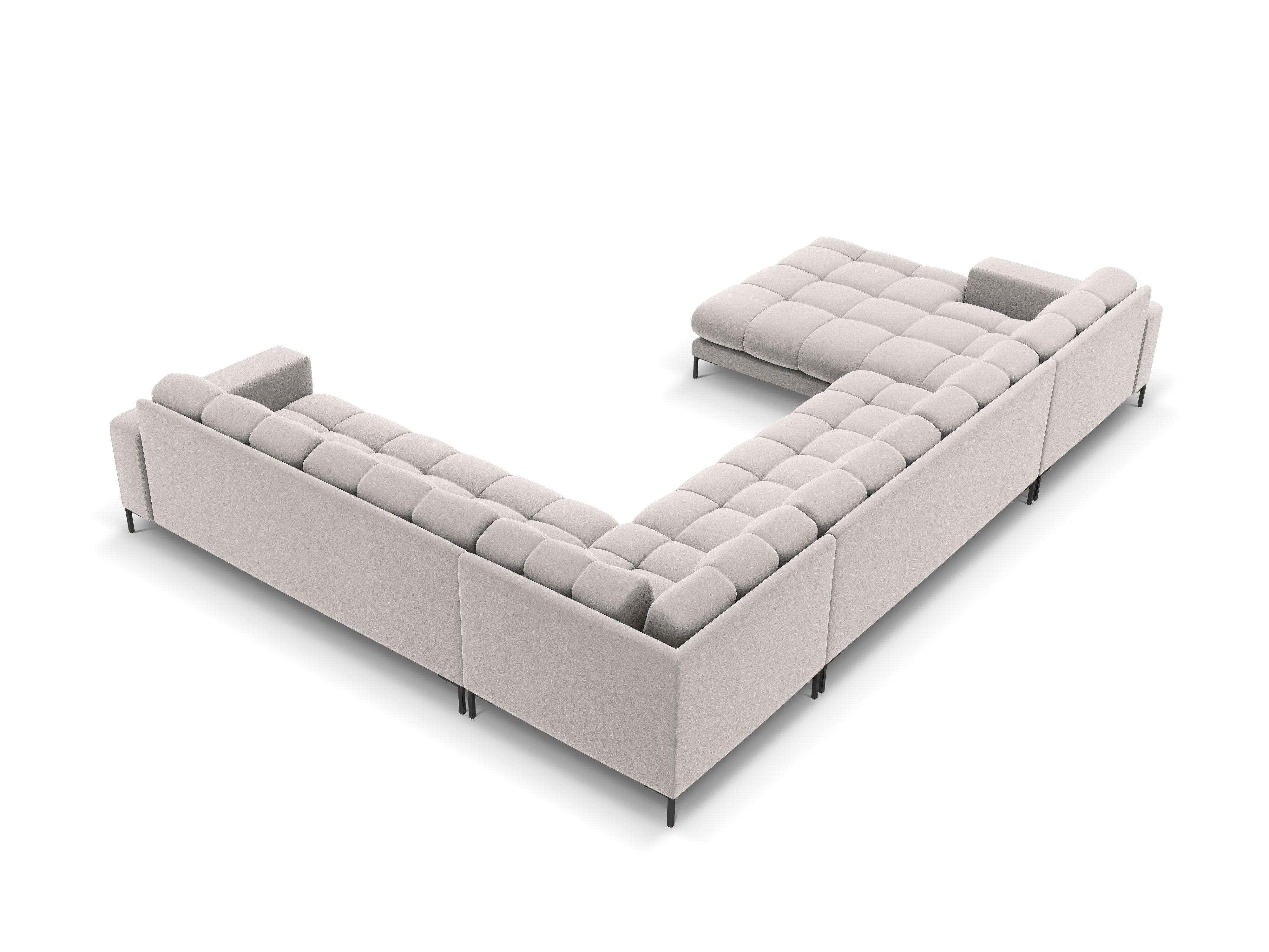 Sofa aksamitna panoramiczna prawostronna 7-osobowa BALI srebrny z czarną podstawą Cosmopolitan Design    Eye on Design