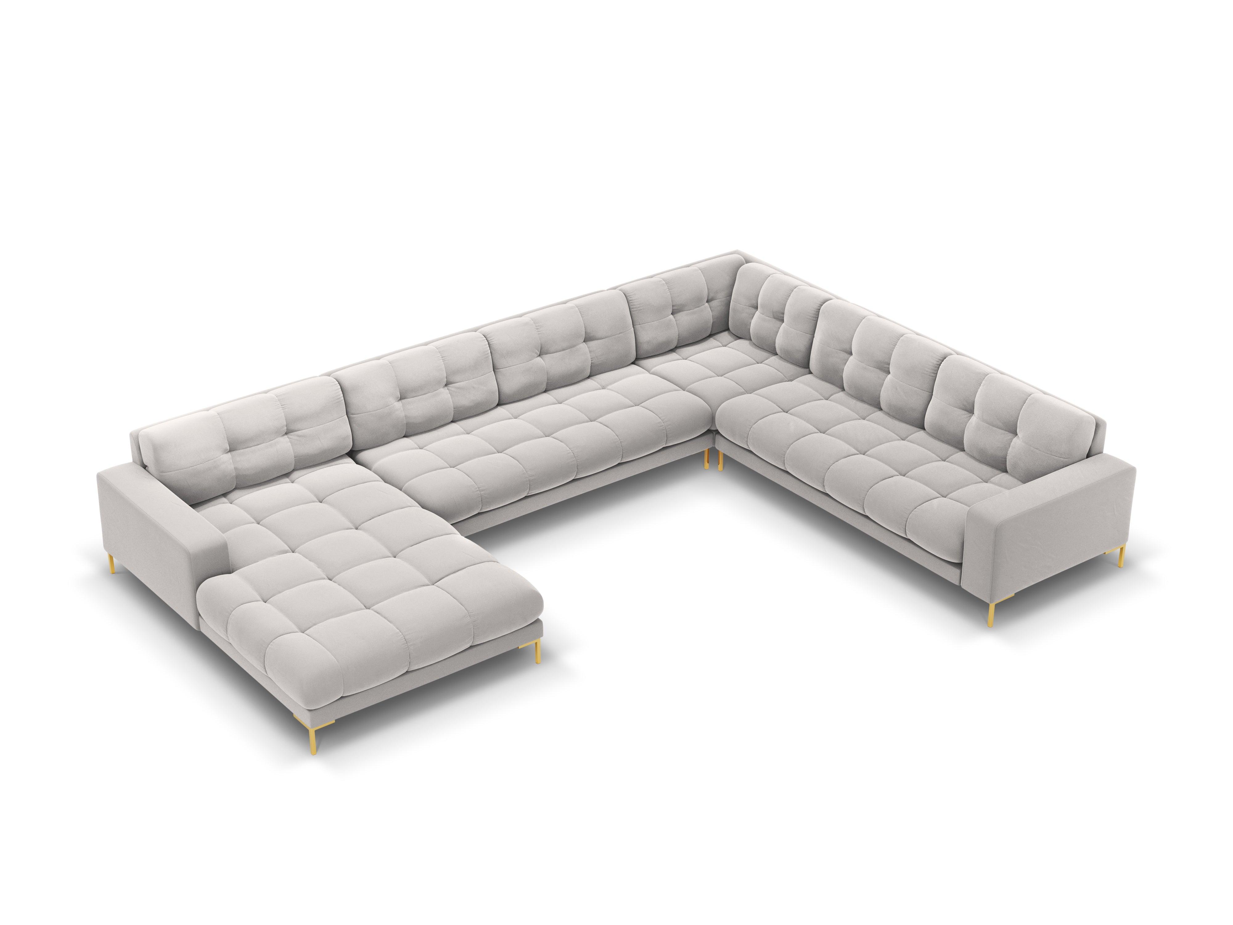 Sofa aksamitna panoramiczna prawostronna 7-osobowa BALI srebrny ze złotą podstawą Cosmopolitan Design    Eye on Design