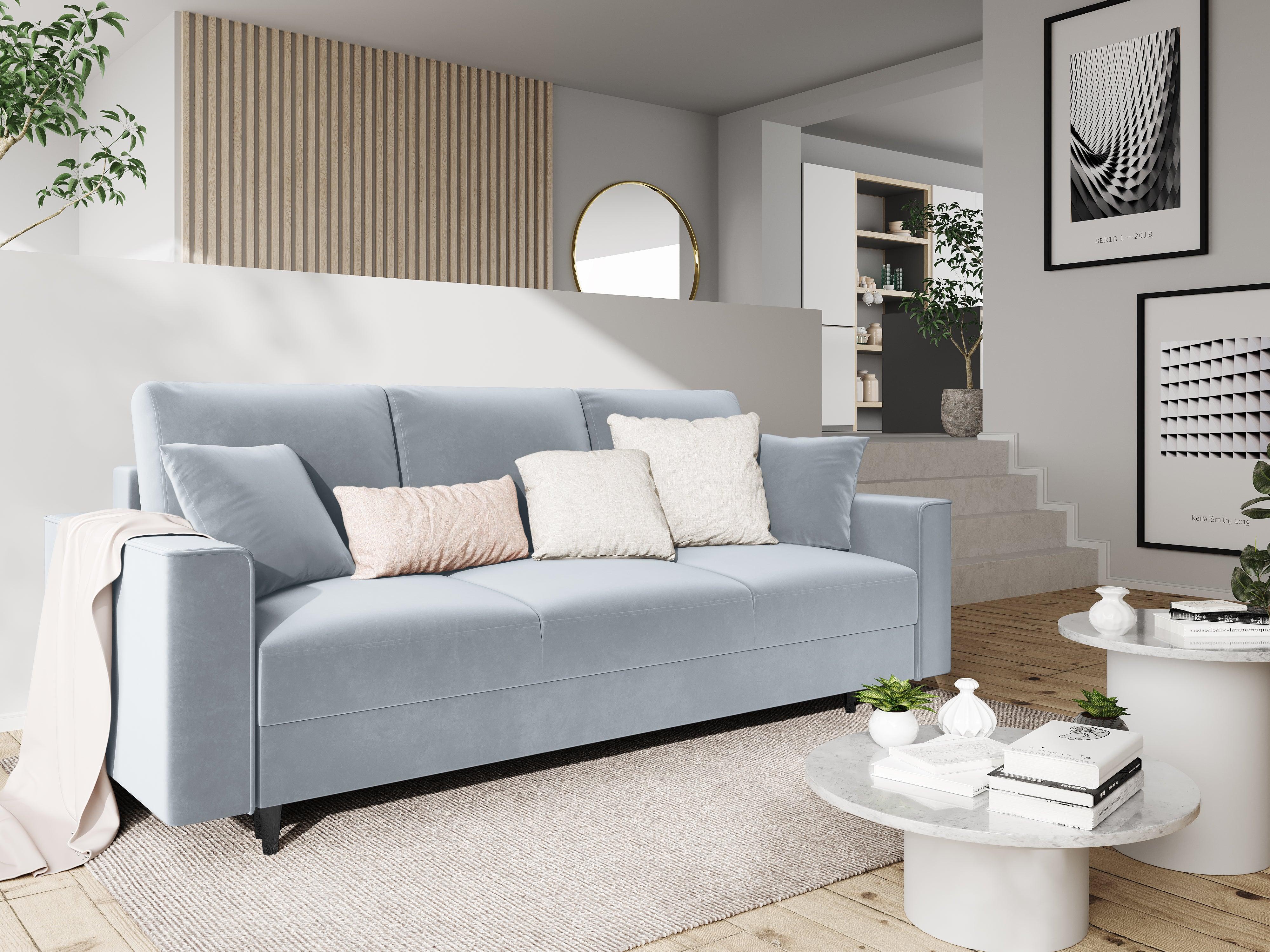 Sofa aksamitna z funkcją spania CARTADERA błękitny z czarną podstawą Mazzini Sofas    Eye on Design