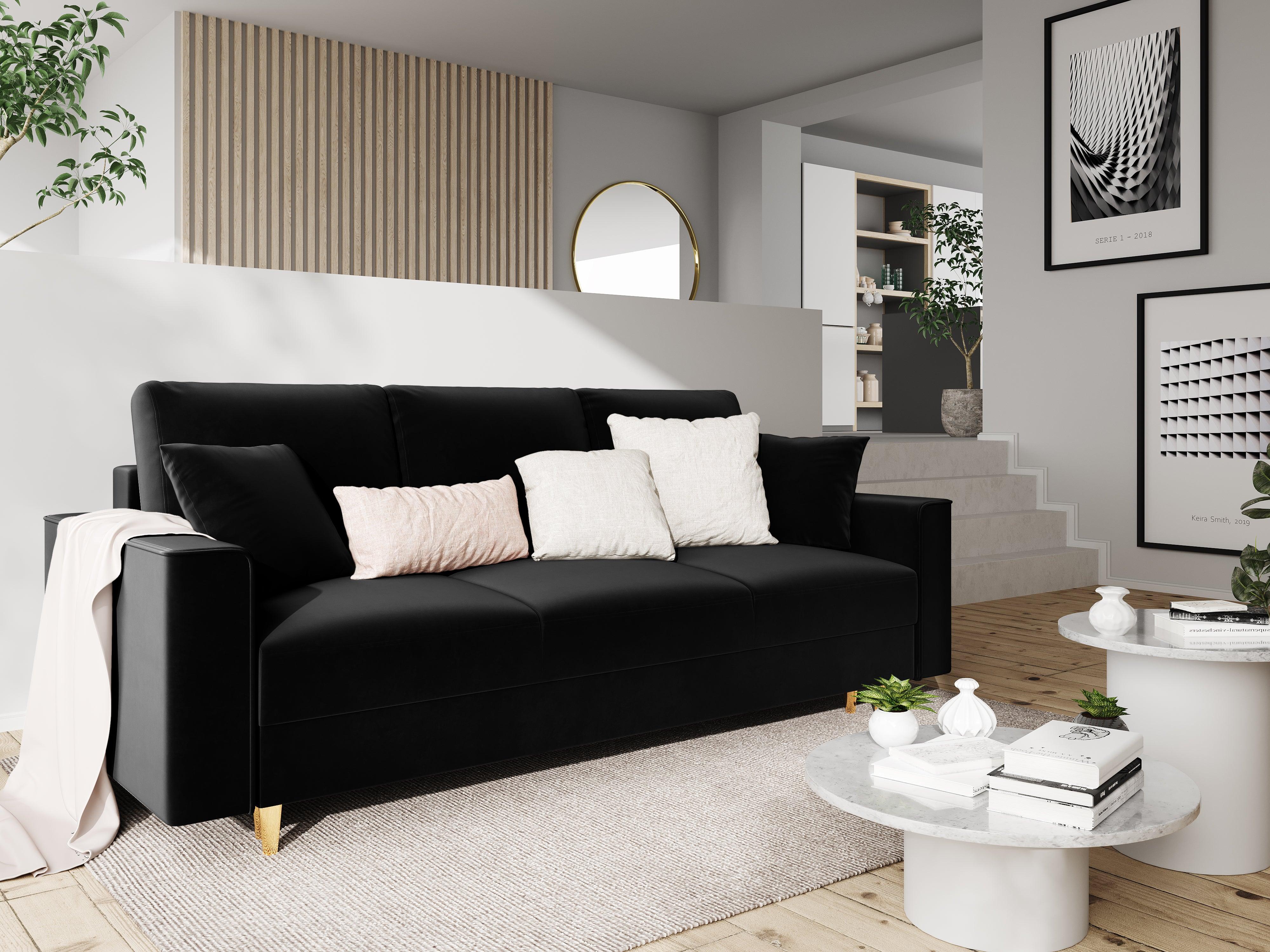 Sofa aksamitna z funkcją spania CARTADERA czarny ze złotą podstawą Mazzini Sofas    Eye on Design