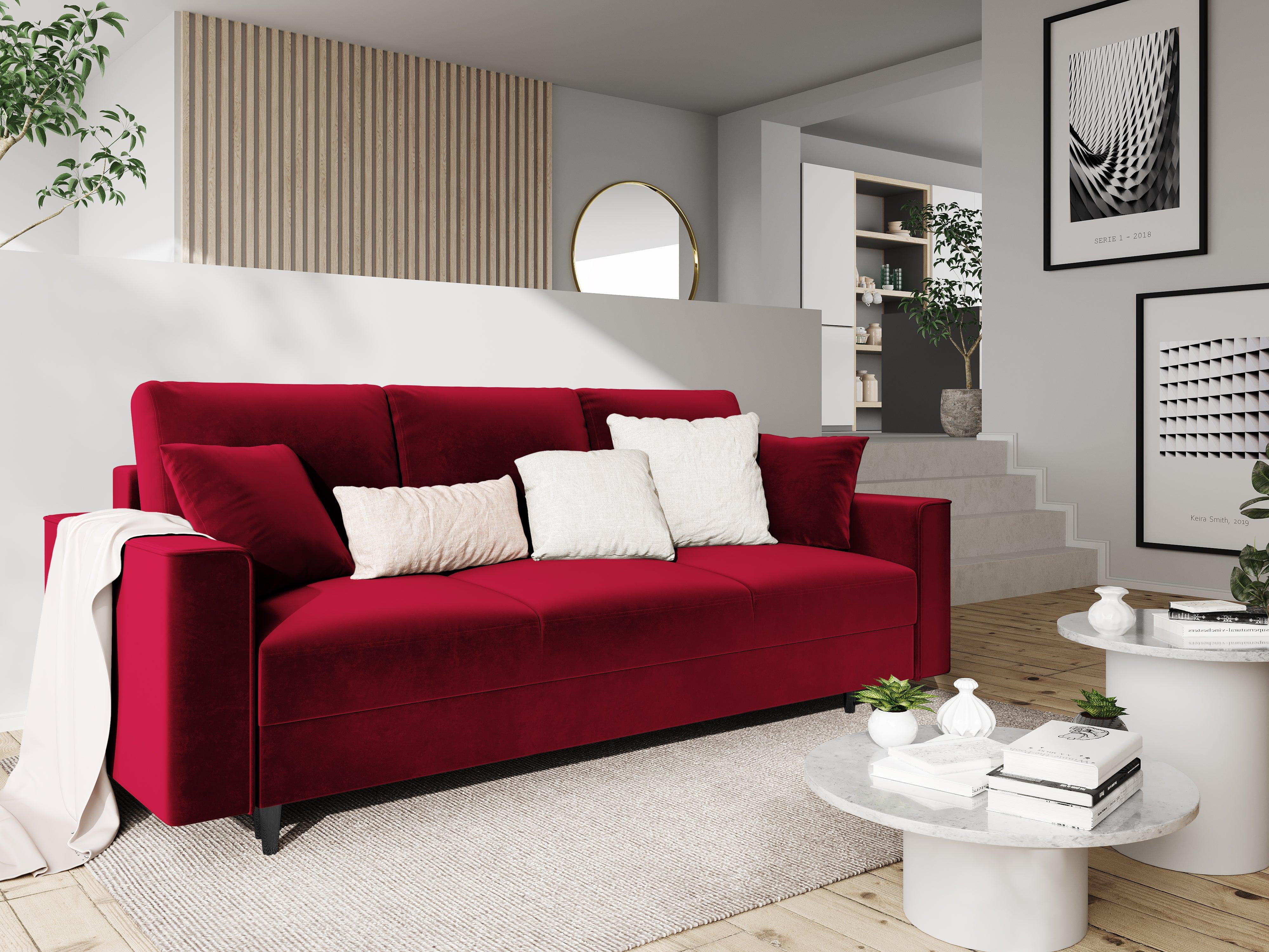 Sofa aksamitna z funkcją spania CARTADERA czerwony z czarną podstawą Mazzini Sofas    Eye on Design