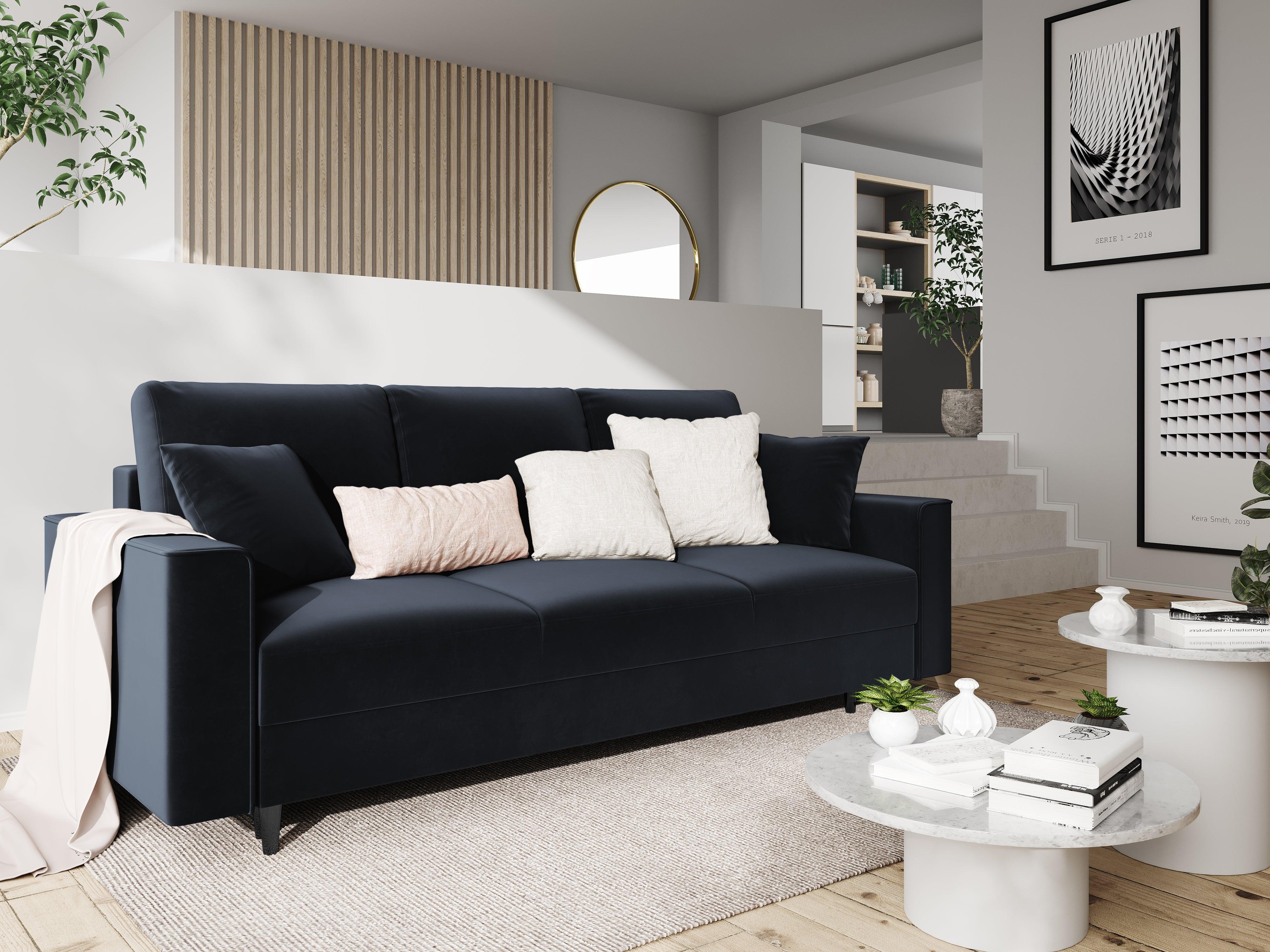 Sofa aksamitna z funkcją spania CARTADERA granatowy z czarną podstawą Mazzini Sofas    Eye on Design