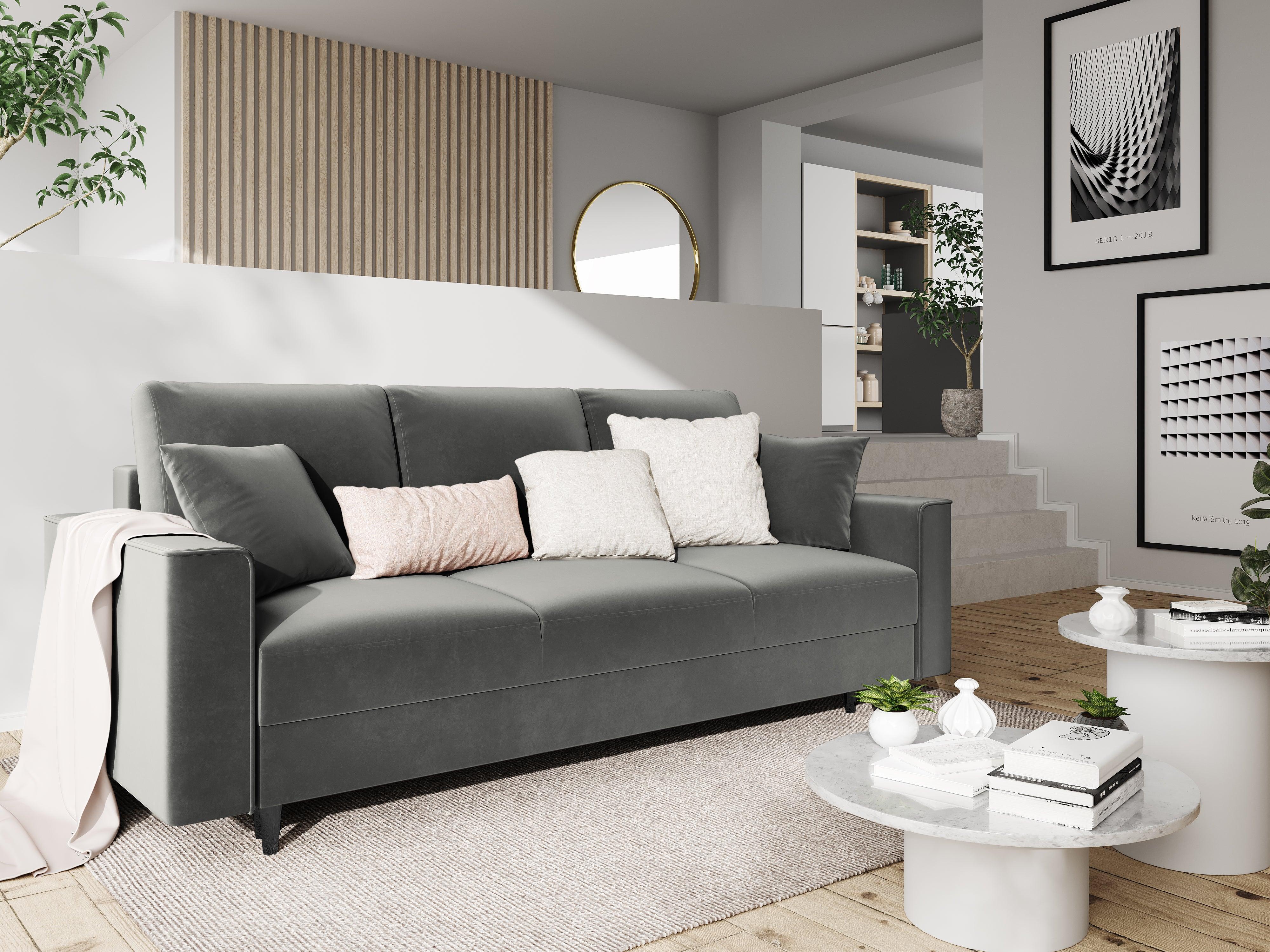 Sofa aksamitna z funkcją spania CARTADERA jasnoszary z czarną podstawą Mazzini Sofas    Eye on Design