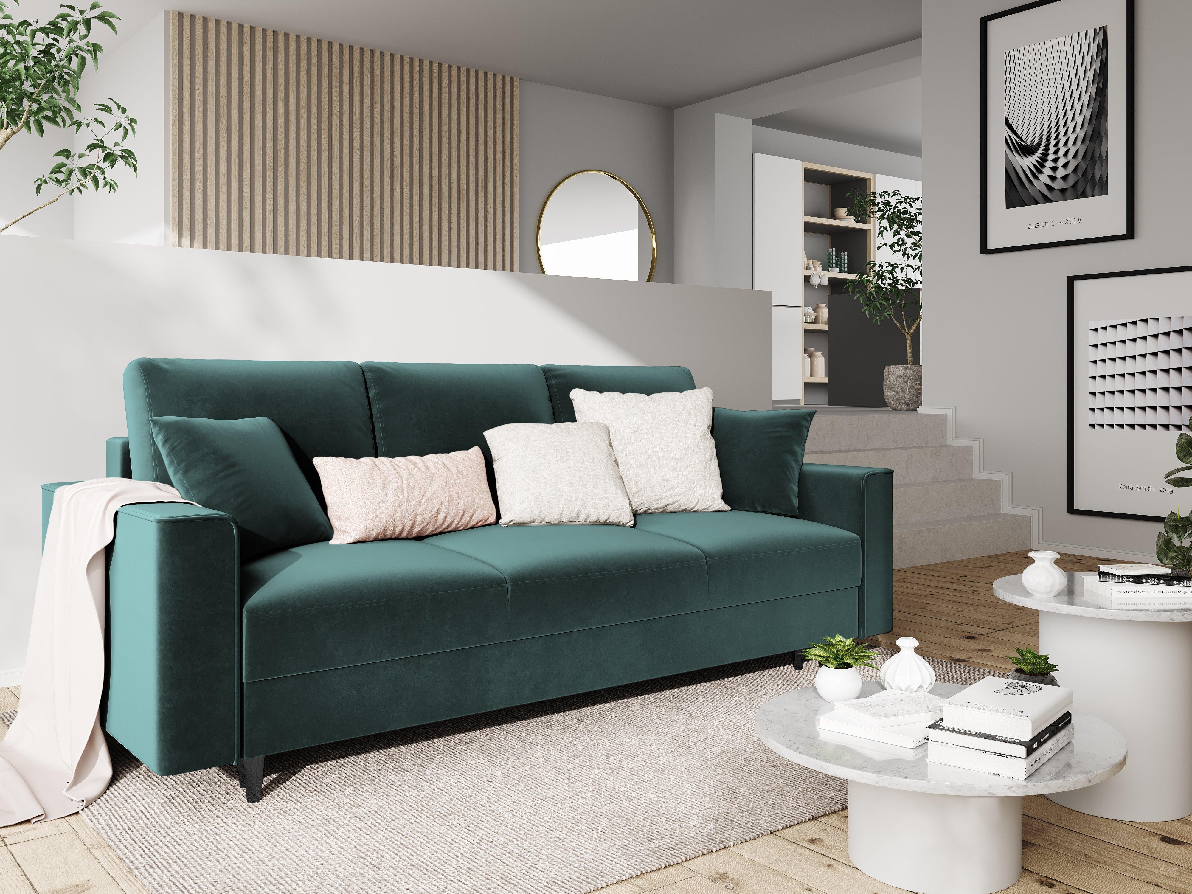 Sofa aksamitna z funkcją spania CARTADERA petrol z czarną podstawą Mazzini Sofas    Eye on Design