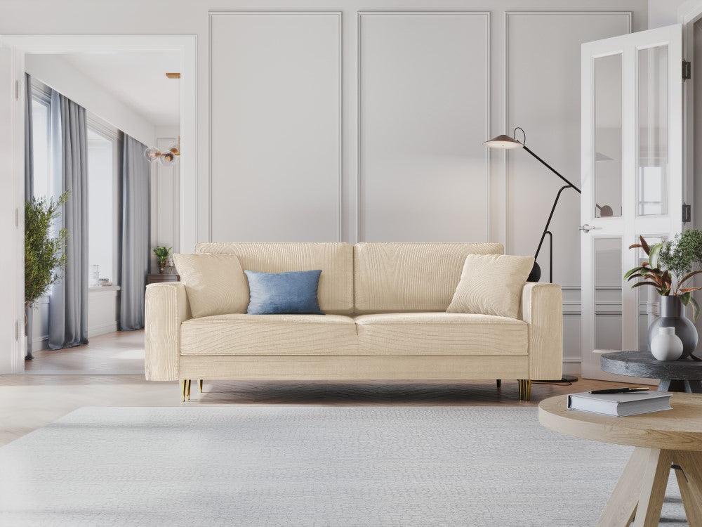 Sofa sztruksowa z funkcją spania FANO beżowy ze złotą podstawą Cosmopolitan Design    Eye on Design
