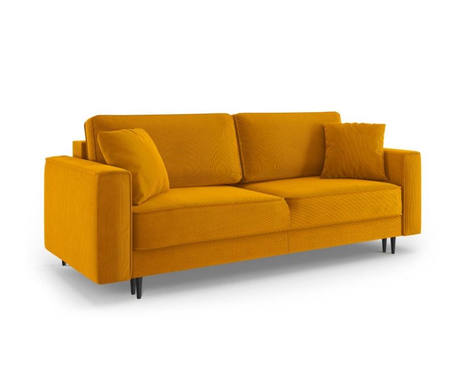 Sofa sztruksowa z funkcją spania FANO curry z czarną podstawą Cosmopolitan Design    Eye on Design