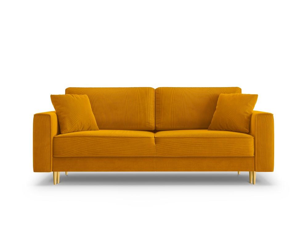 Sofa sztruksowa z funkcją spania FANO curry ze złotą podstawą Cosmopolitan Design    Eye on Design