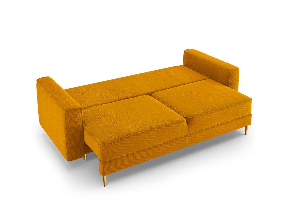 Sofa sztruksowa z funkcją spania FANO curry ze złotą podstawą Cosmopolitan Design    Eye on Design