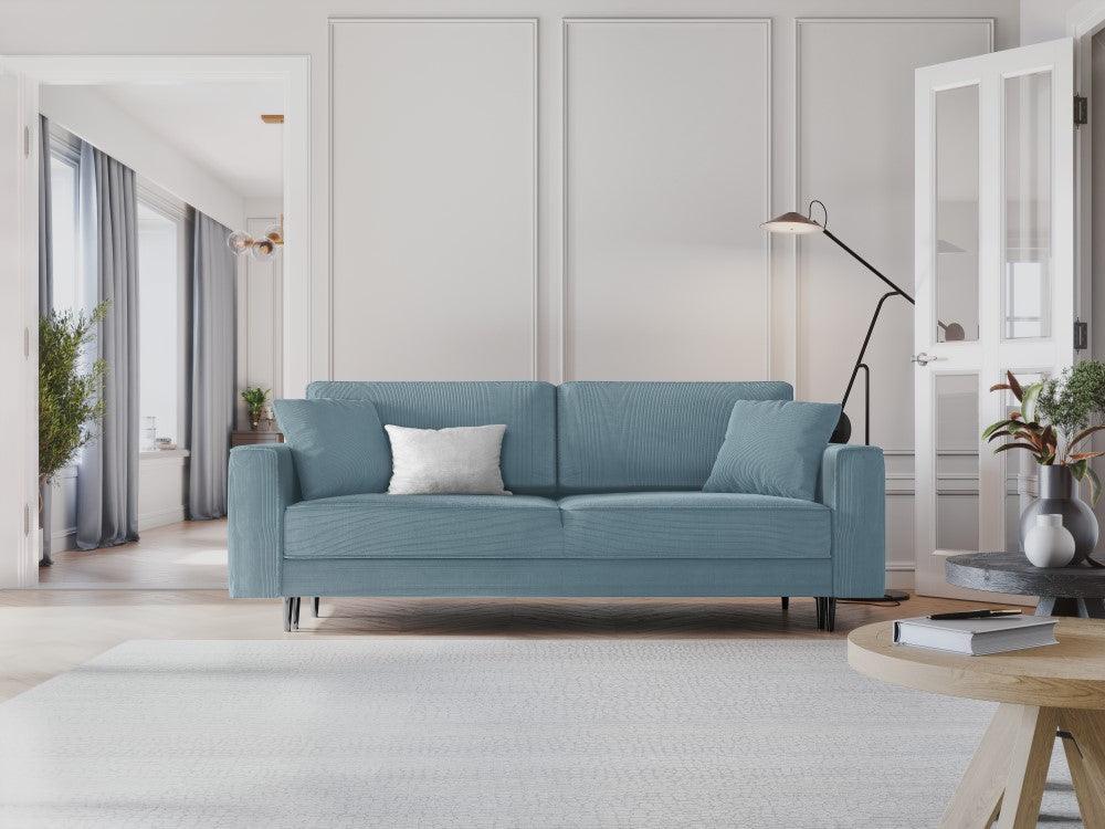 Sofa sztruksowa z funkcją spania FANO jasnoniebieski z czarną podstawą Cosmopolitan Design    Eye on Design