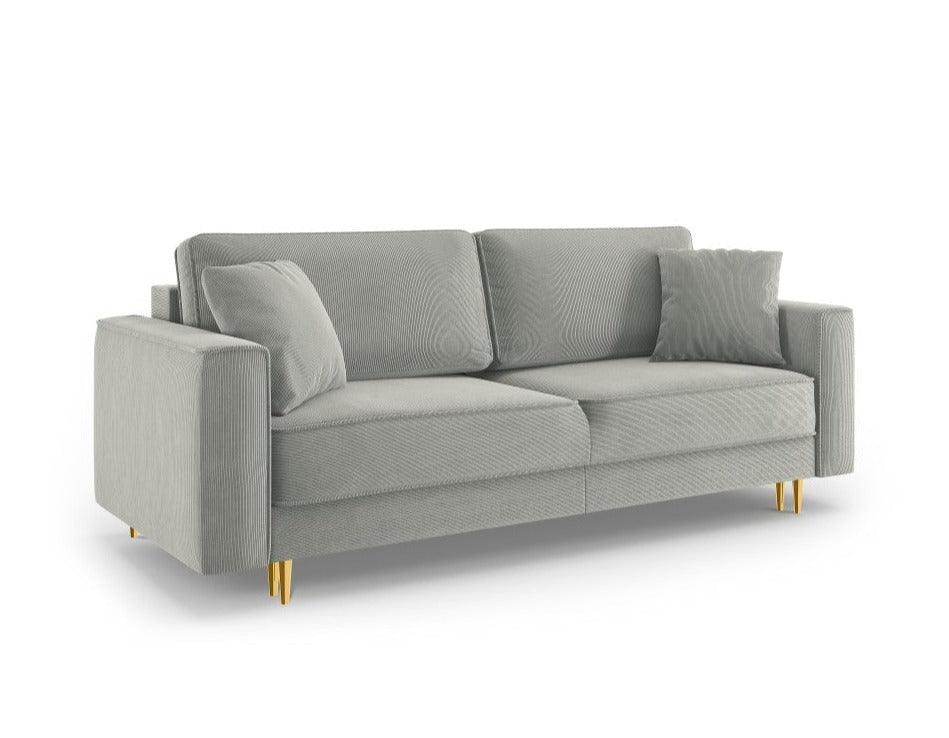 Sofa sztruksowa z funkcją spania FANO jasnoszary ze złotą podstawą Cosmopolitan Design    Eye on Design