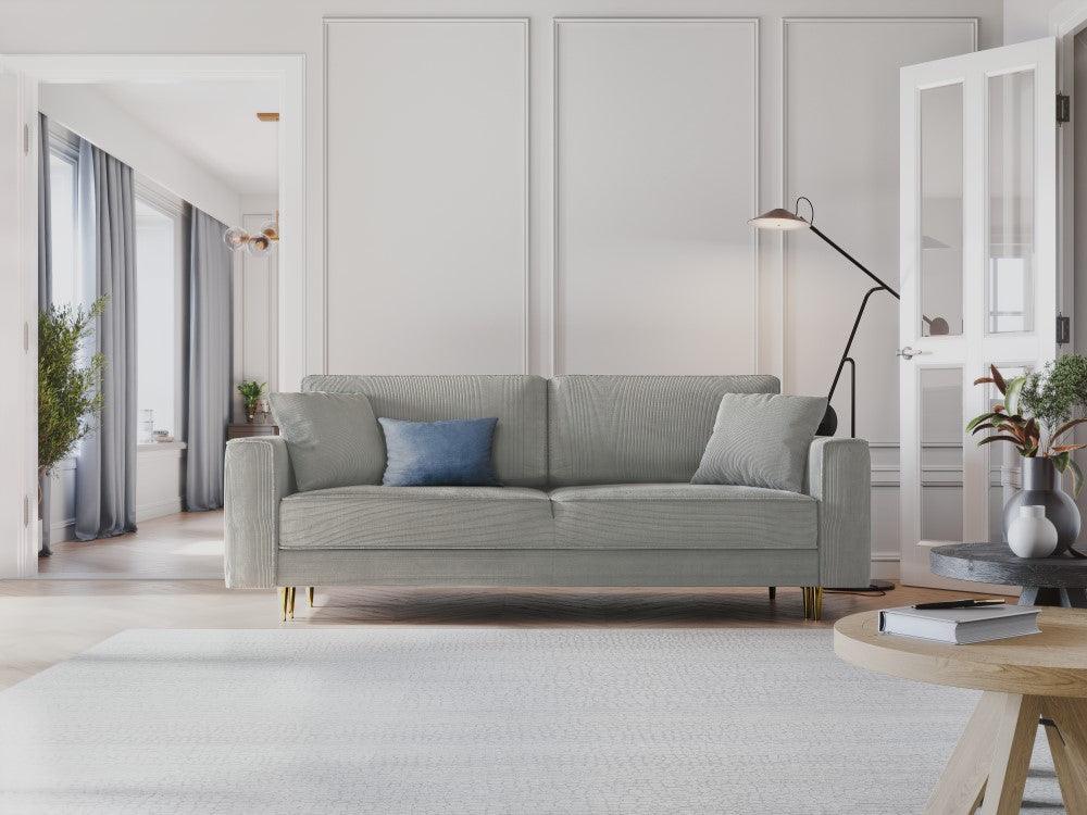 Sofa sztruksowa z funkcją spania FANO jasnoszary ze złotą podstawą Cosmopolitan Design    Eye on Design