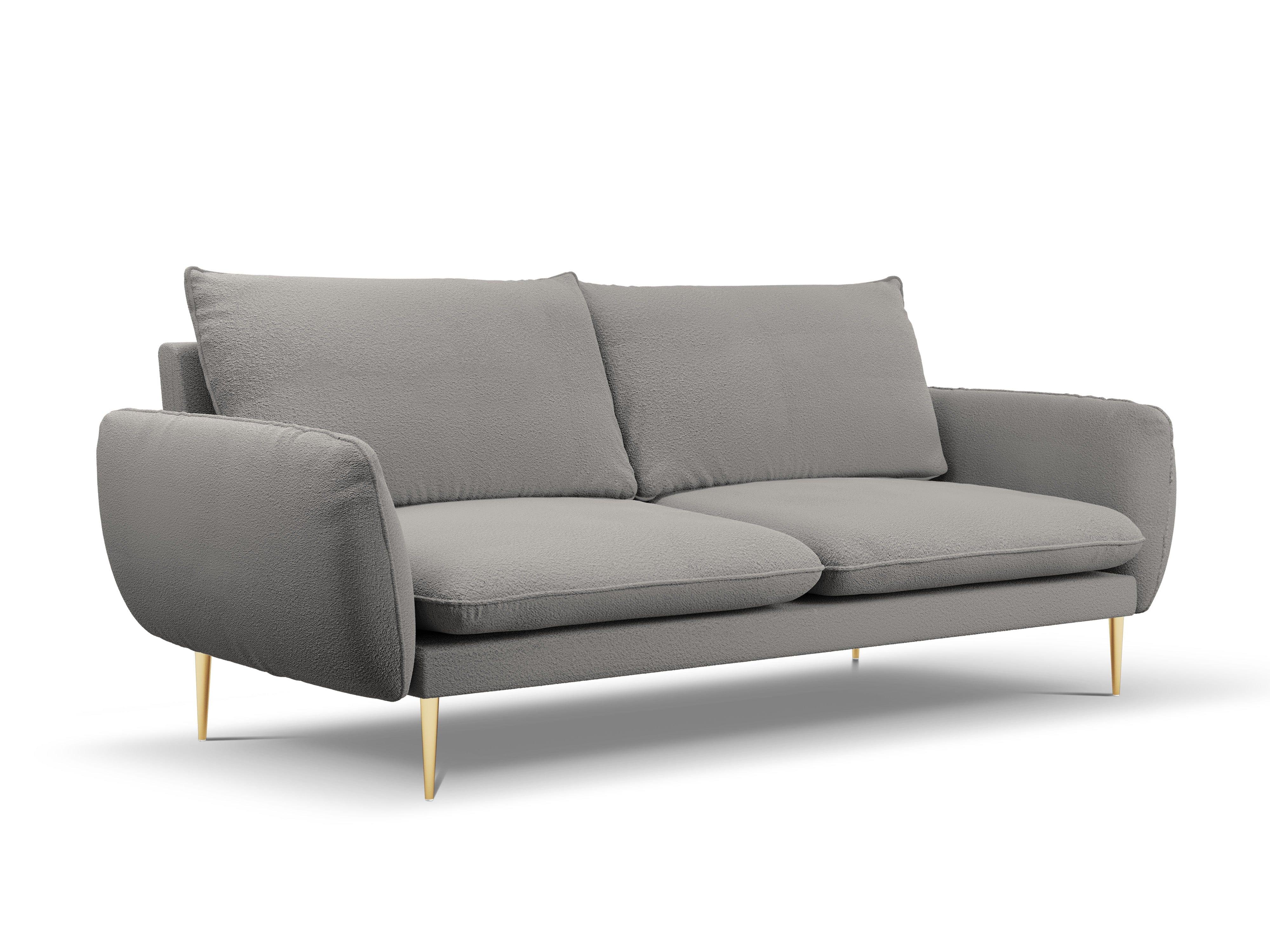 Sofa w tkaninie boucle 4-osobowa VIENNA szary ze złotą podstawą Cosmopolitan Design    Eye on Design