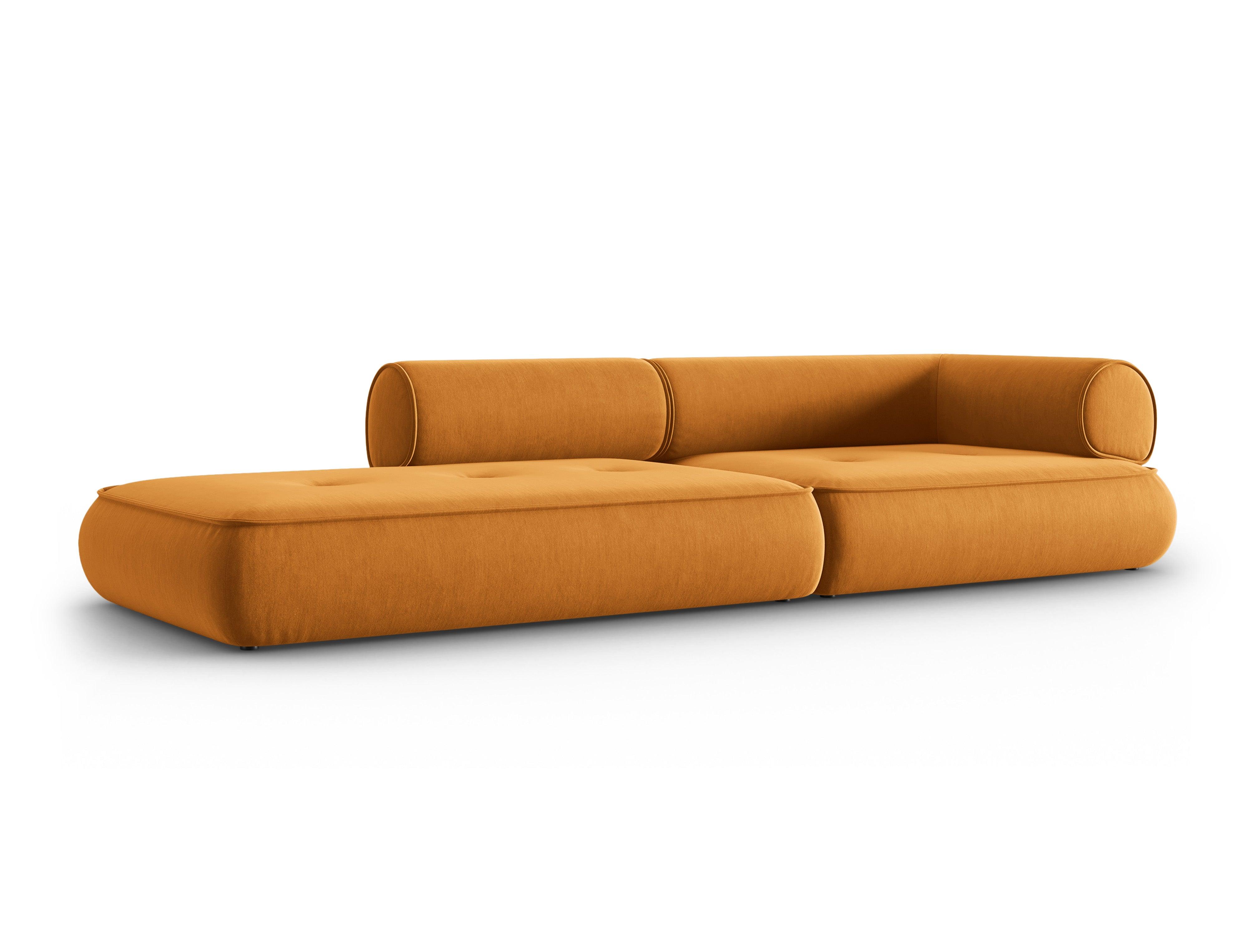 Sofa w tkaninie szenilowej otwarta lewostronna LILY musztardowy Maison Heritage    Eye on Design