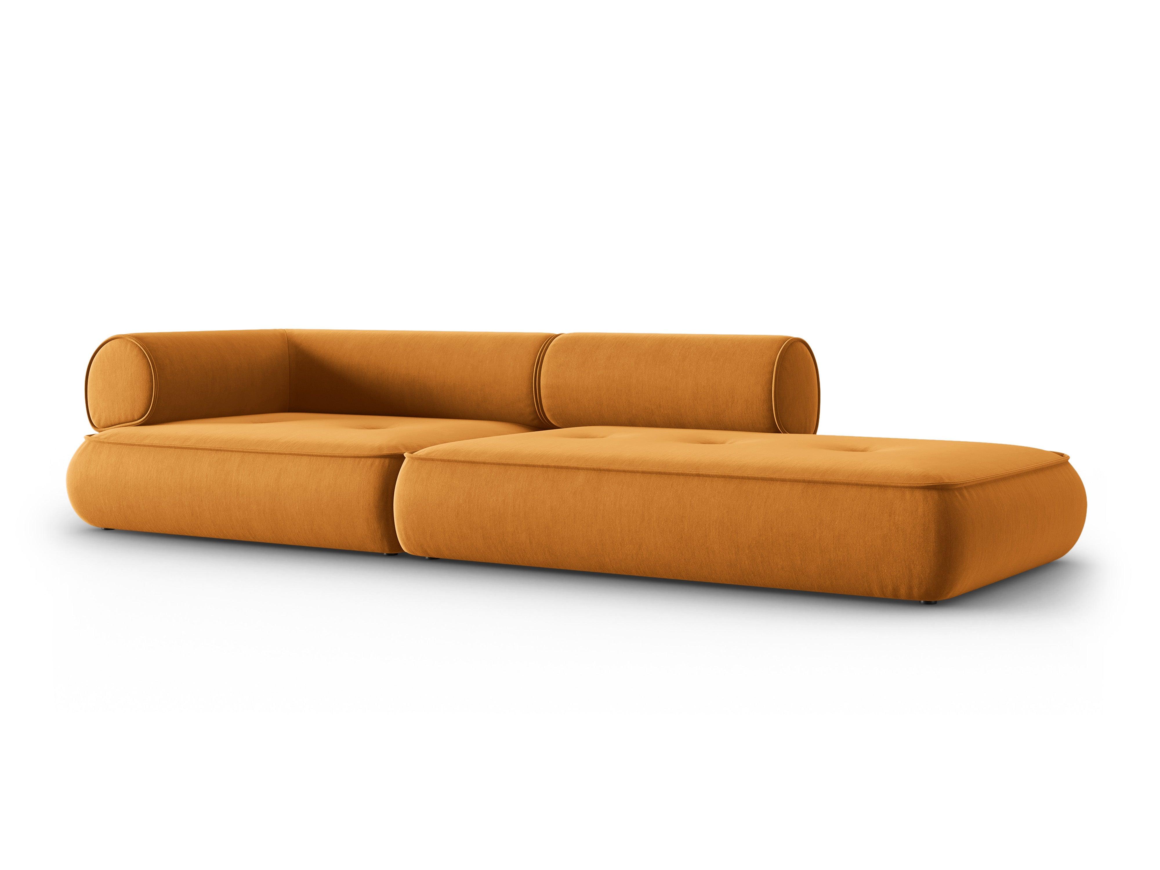 Sofa w tkaninie szenilowej otwarta prawostronna LILY musztardowy Maison Heritage    Eye on Design