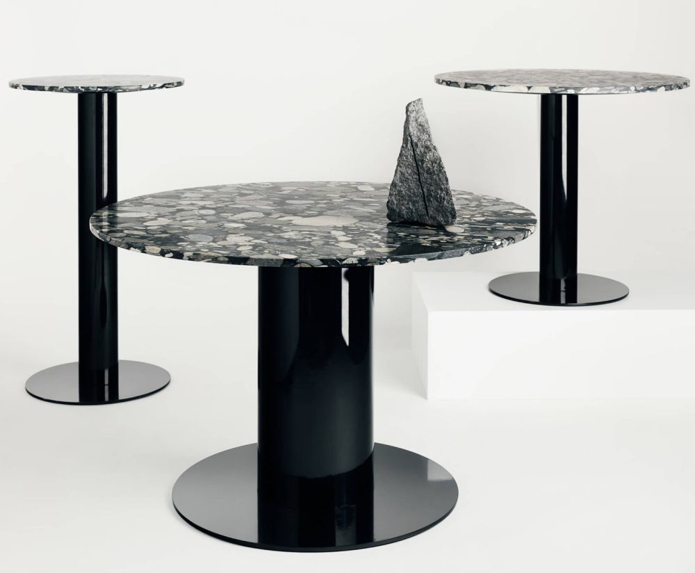 Side table tube stone marble with a black base