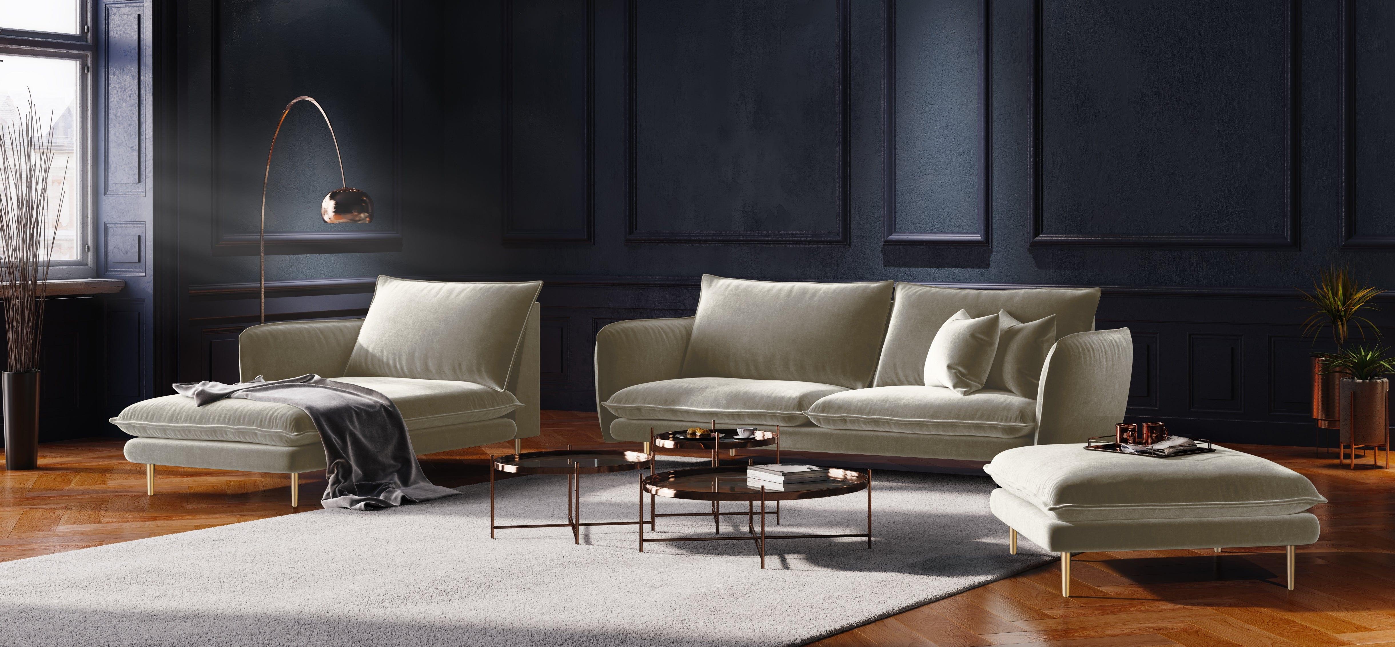 Sofa aksamitna 2-osobowa VIENNA beżowy ze złotą podstawą Cosmopolitan Design    Eye on Design