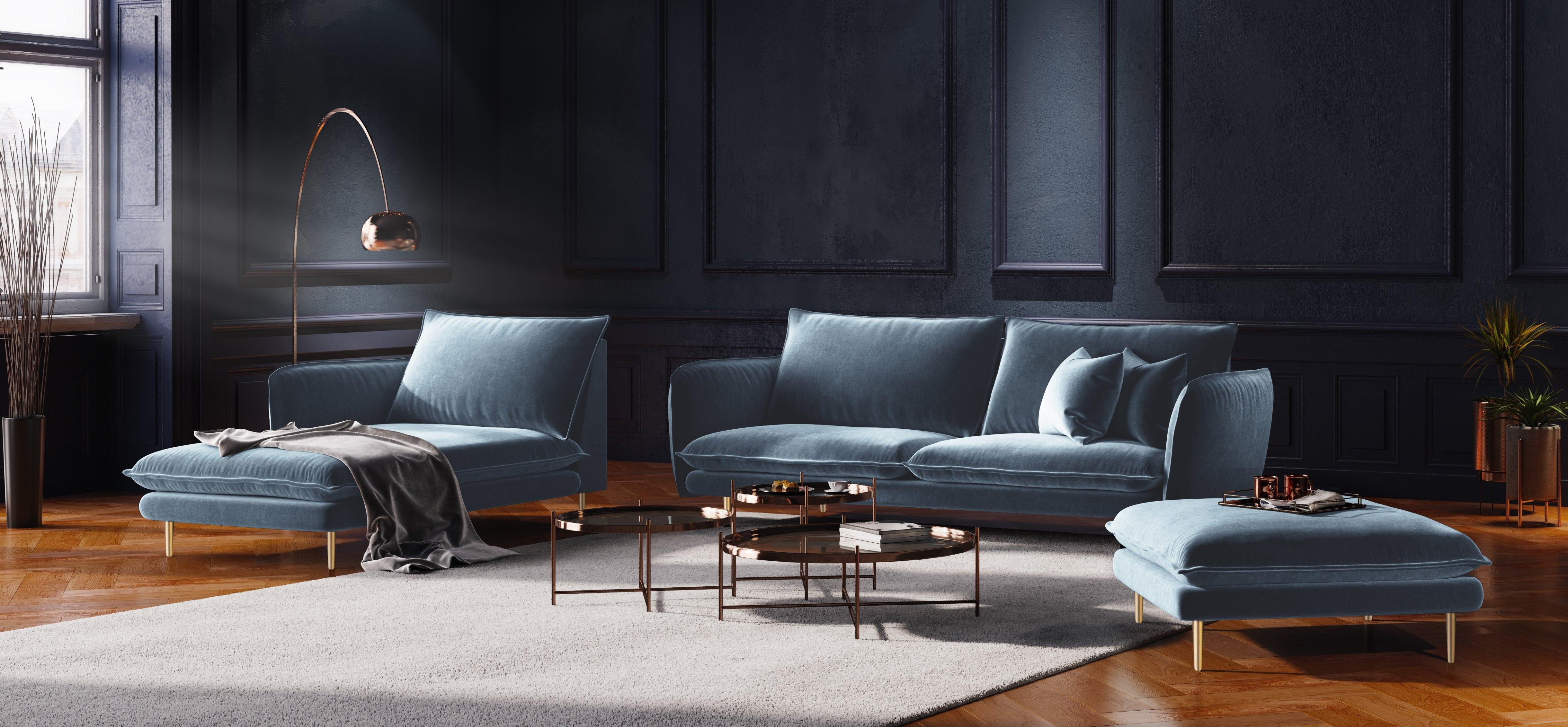 Sofa aksamitna 2-osobowa VIENNA jasnoniebieski ze złotą podstawą Cosmopolitan Design    Eye on Design