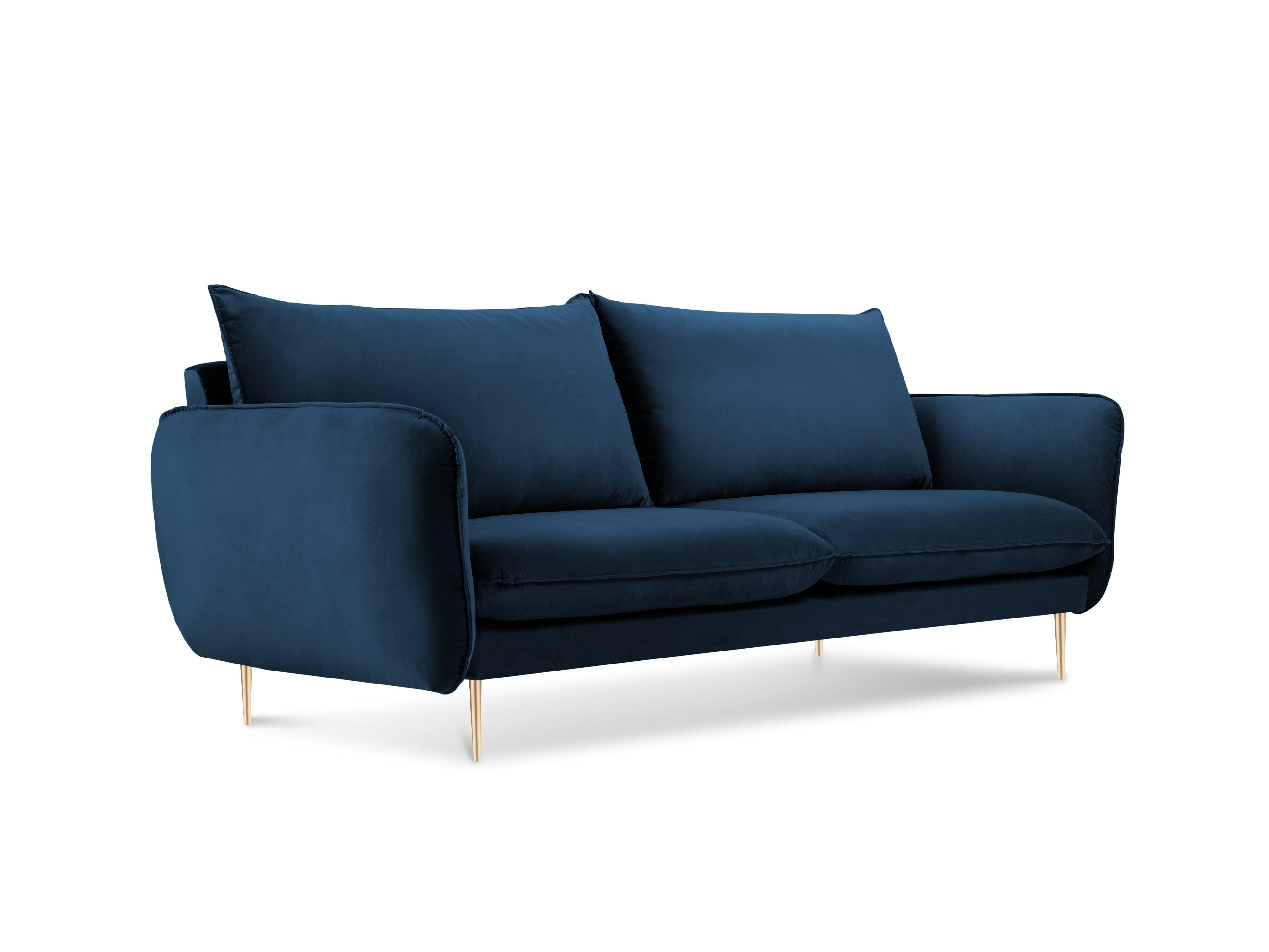 Sofa aksamitna 2-osobowa VIENNA niebieski ze złotą podstawą Cosmopolitan Design    Eye on Design